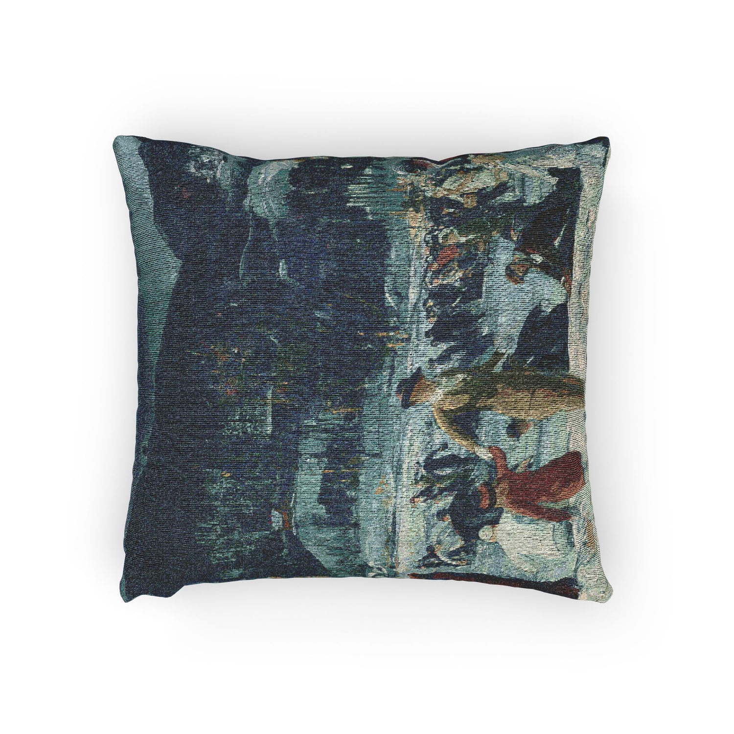 A square decorative throw pillow featuring an abstract, painterly design in dark blue, teal, white, and muted red tones, shown against a plain white background.