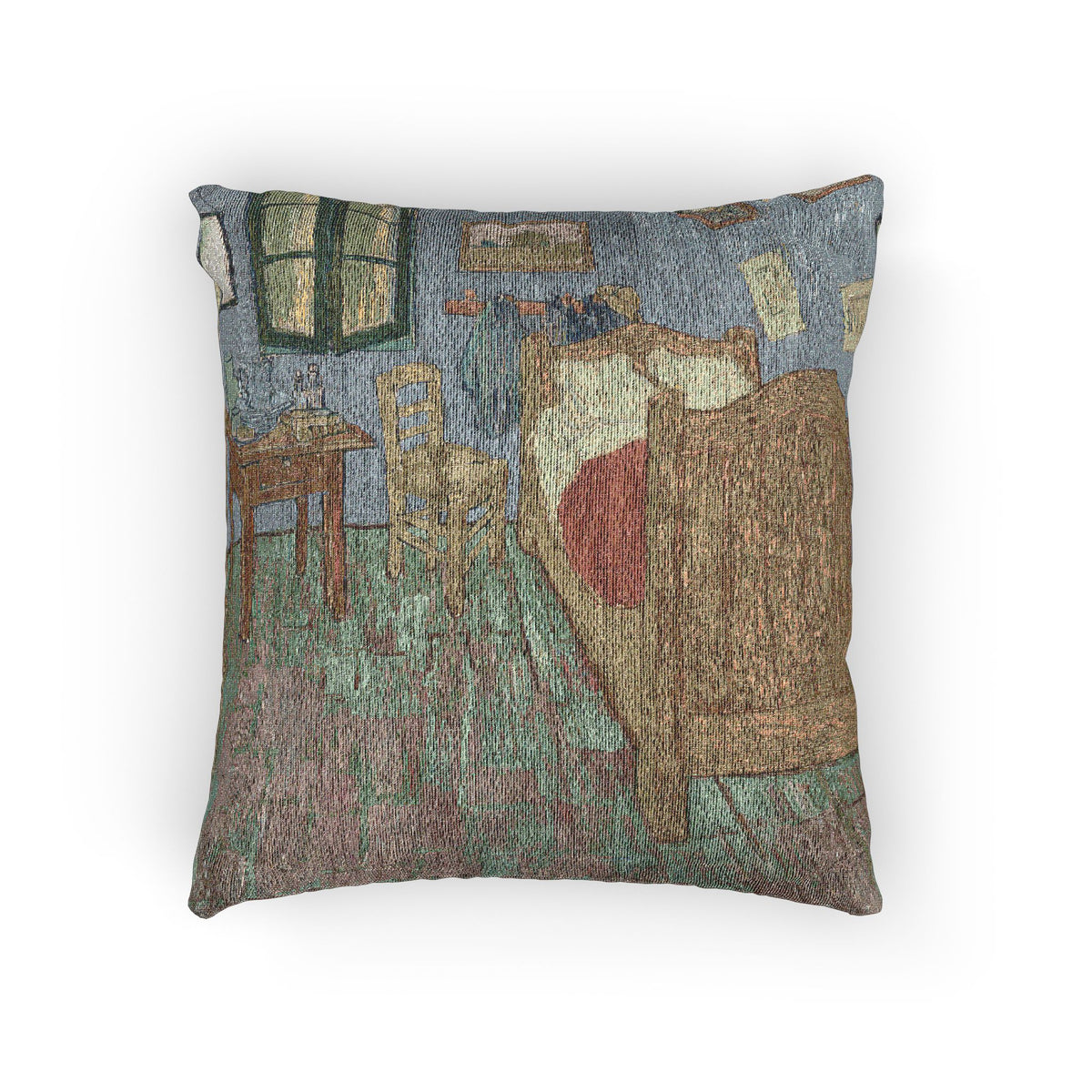 A square decorative throw pillow featuring a textured, woven-style print of Van Gogh's Bedroom scene in muted blue, green, brown, and red tones, shown against a plain white background.