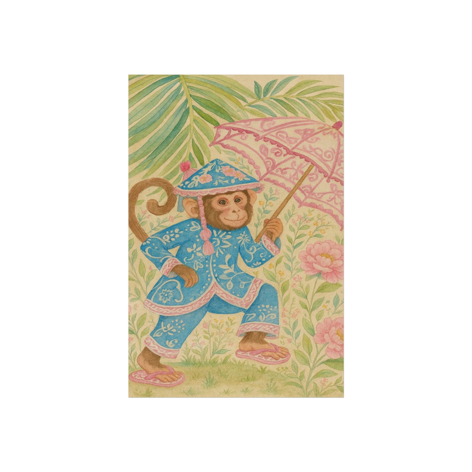 Monkey in Blue Suit and Pink Umbrella Fine Art Poster