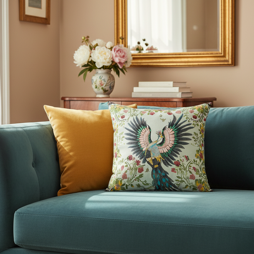 Celestial Peacock Bloom Throw Pillow