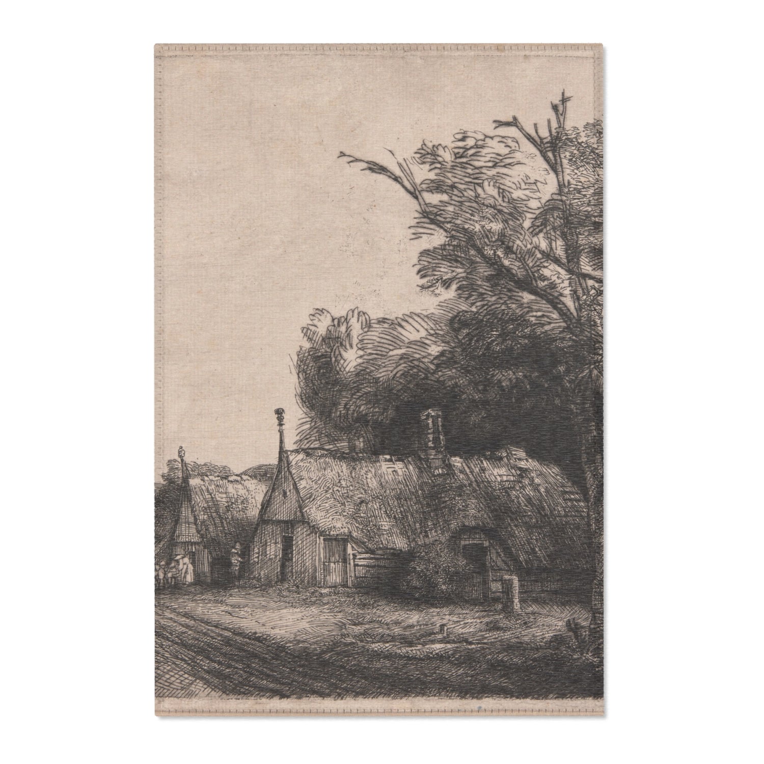 Landscape with Three Gabled Cottages beside a Road - Rembrandt van Rijn Area Rug