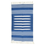 Handwoven Blue and White Stripe Cotton Rug with Fringes