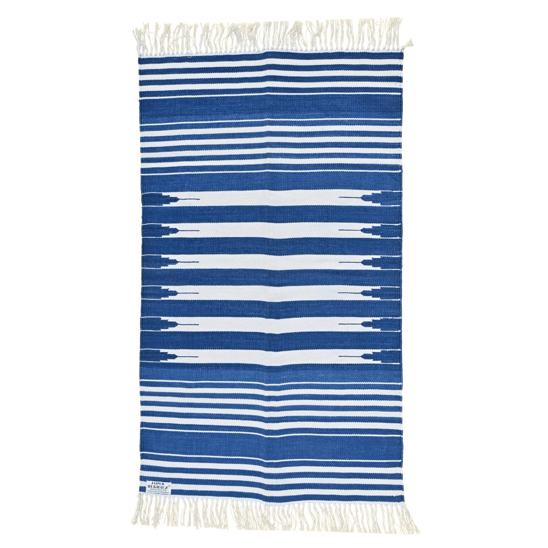 Handwoven Blue and White Stripe Cotton Rug with Fringes