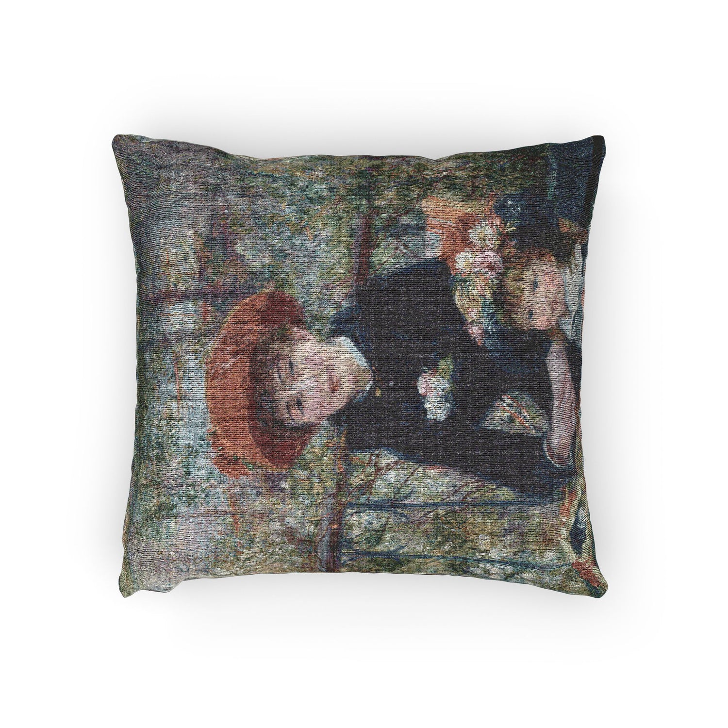 A square decorative throw pillow featuring a textured, woven-style print of a Claude Monet impressionist painting of a woman in a red hat.