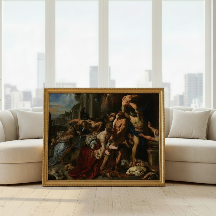 A large framed classical painting depicting a dramatic mythological scene with multiple figures, set in a modern living room with a white sofa and large windows showing a city skyline.