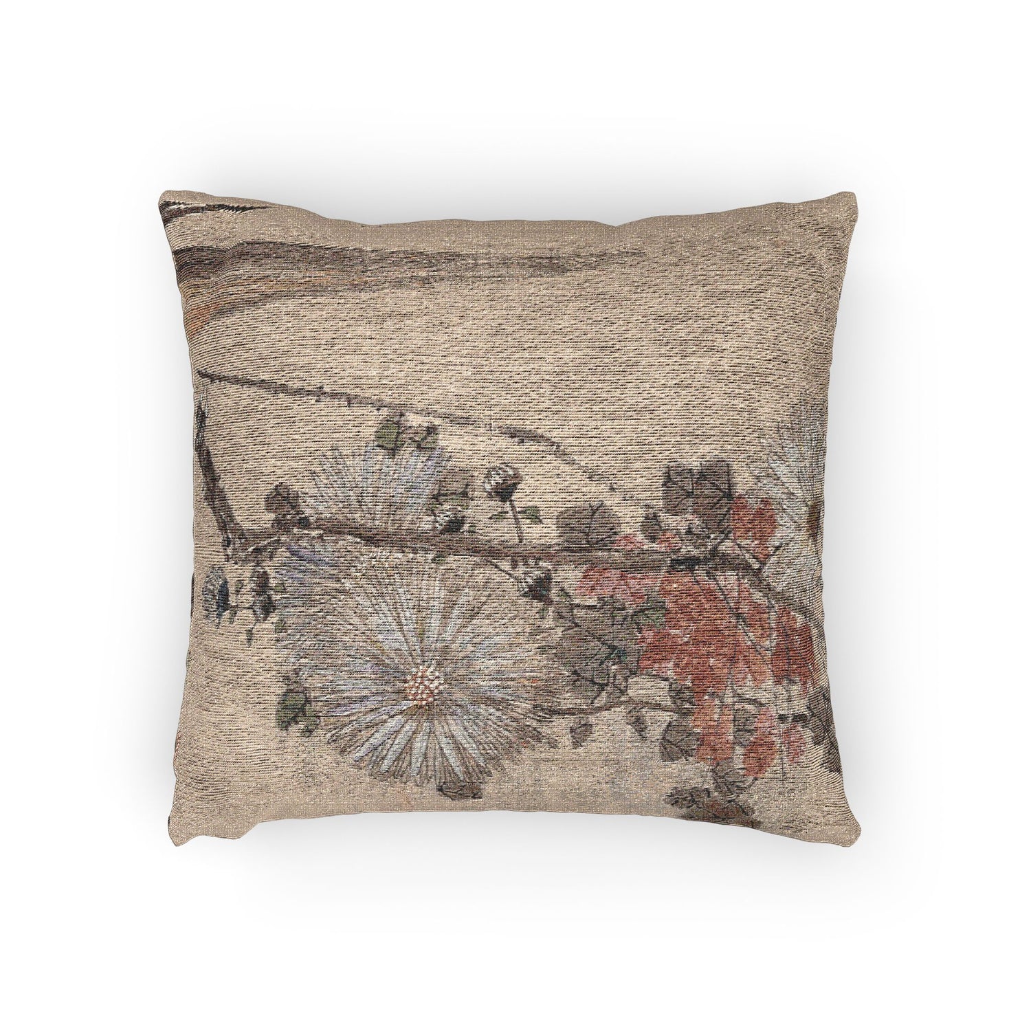 050_parrot-and-chrysanthemums | Woven Pillow - MAIA HOMES