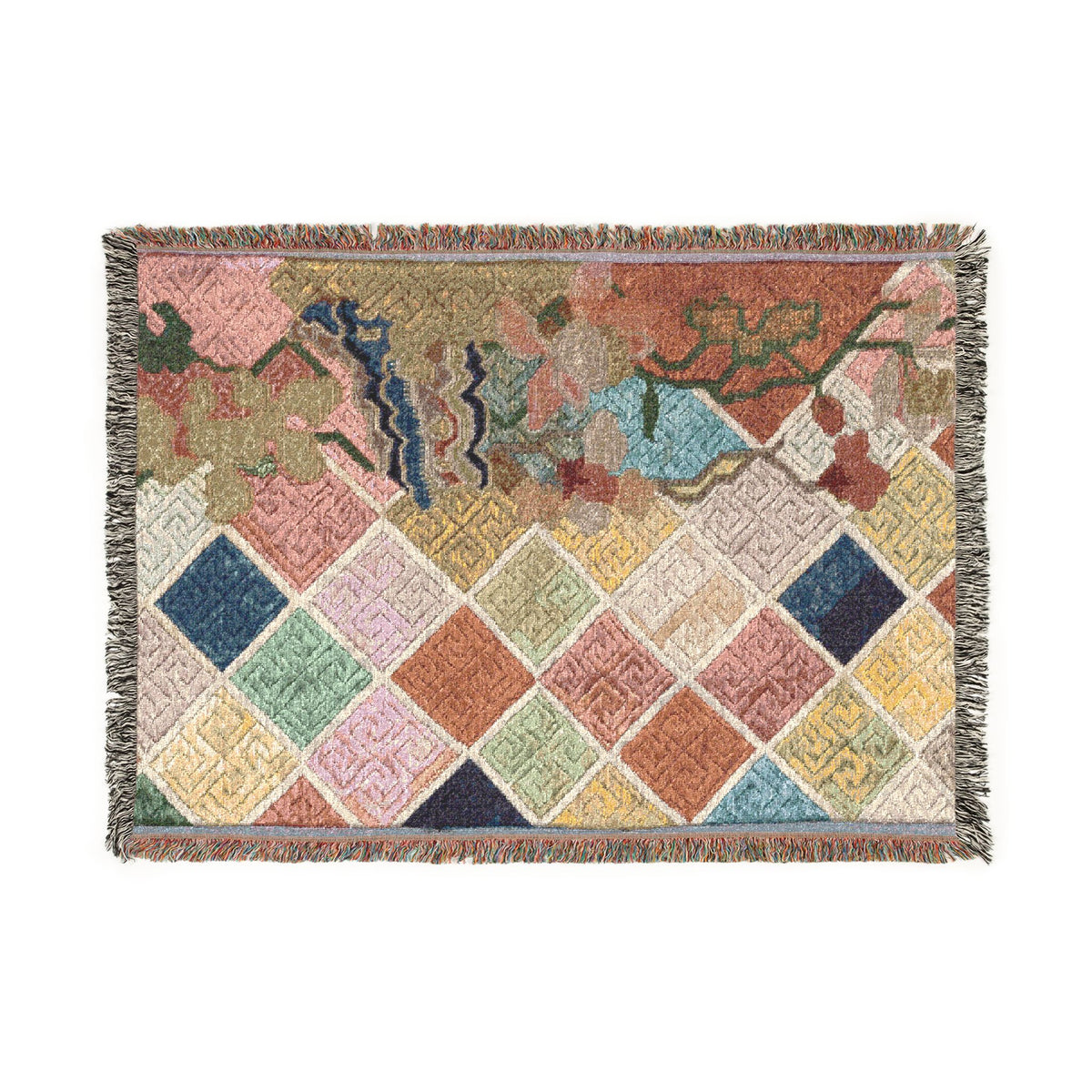 A rectangular woven throw blanket with fringe on all sides, featuring a multicolor geometric and abstract pattern. The lower section displays a diamond grid in pastel pink, yellow, green, blue, and orange, while the upper section has a more organic, abstract design in earthy tones.
