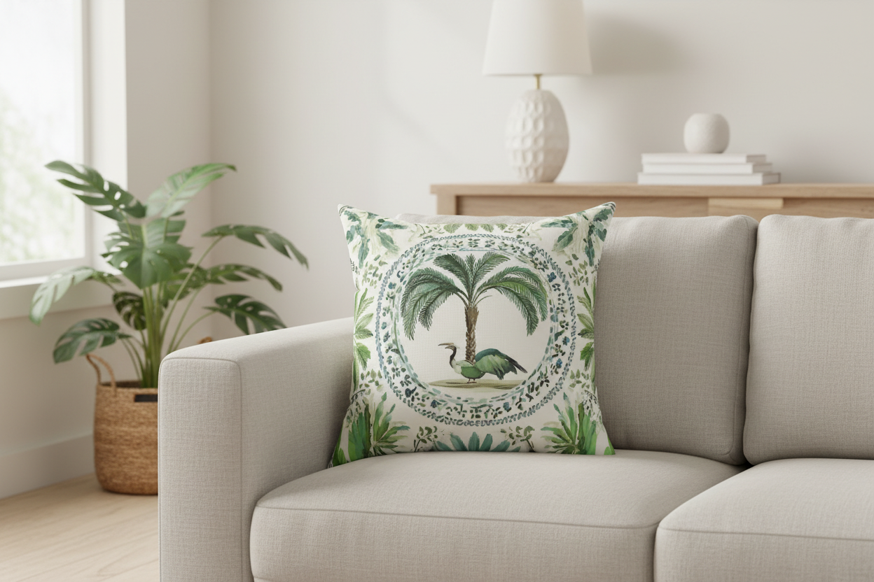 Tropical Heron & Palm Throw Pillow