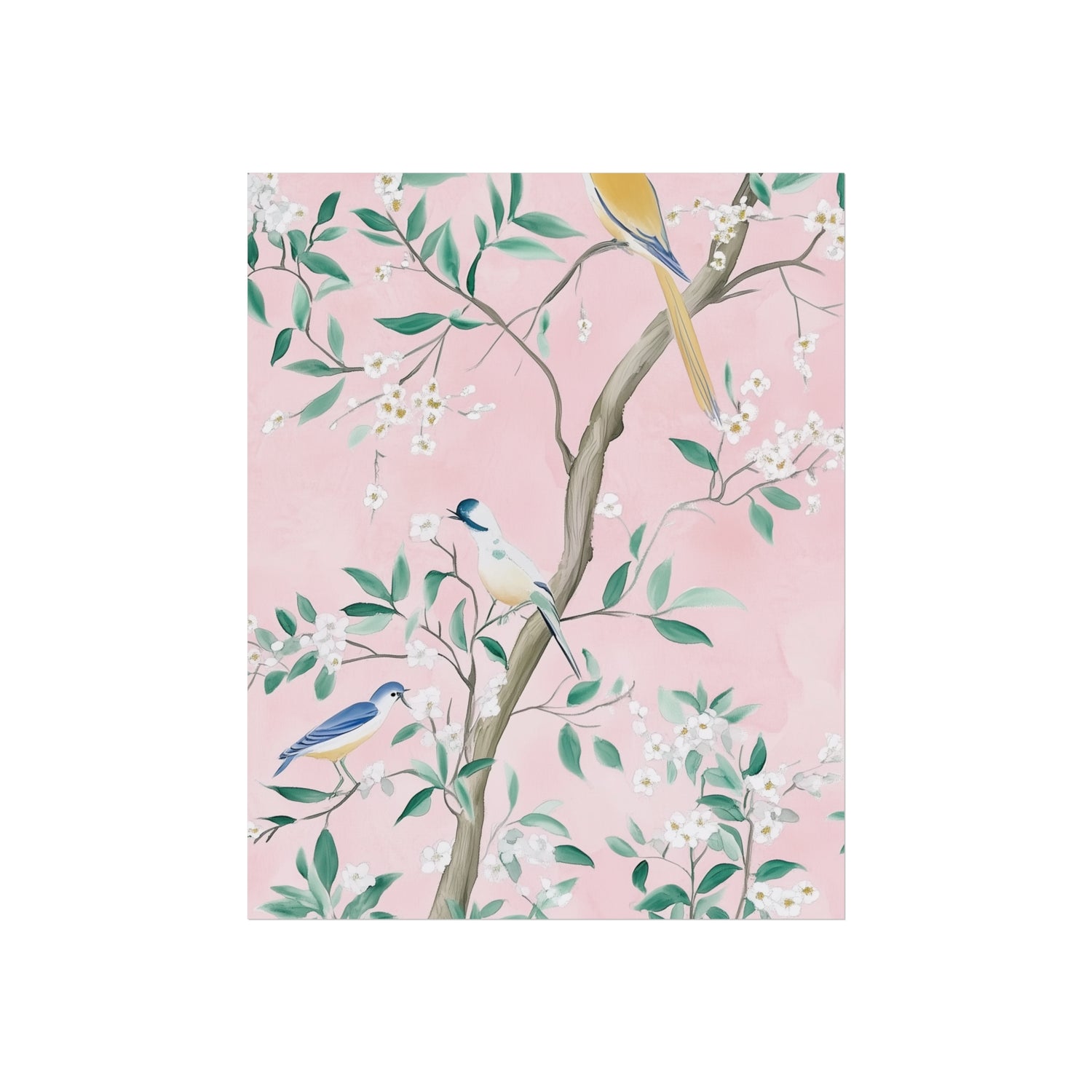 Pastel Pink Chinoiserie Birds and Floral Scene Fine Art Poster