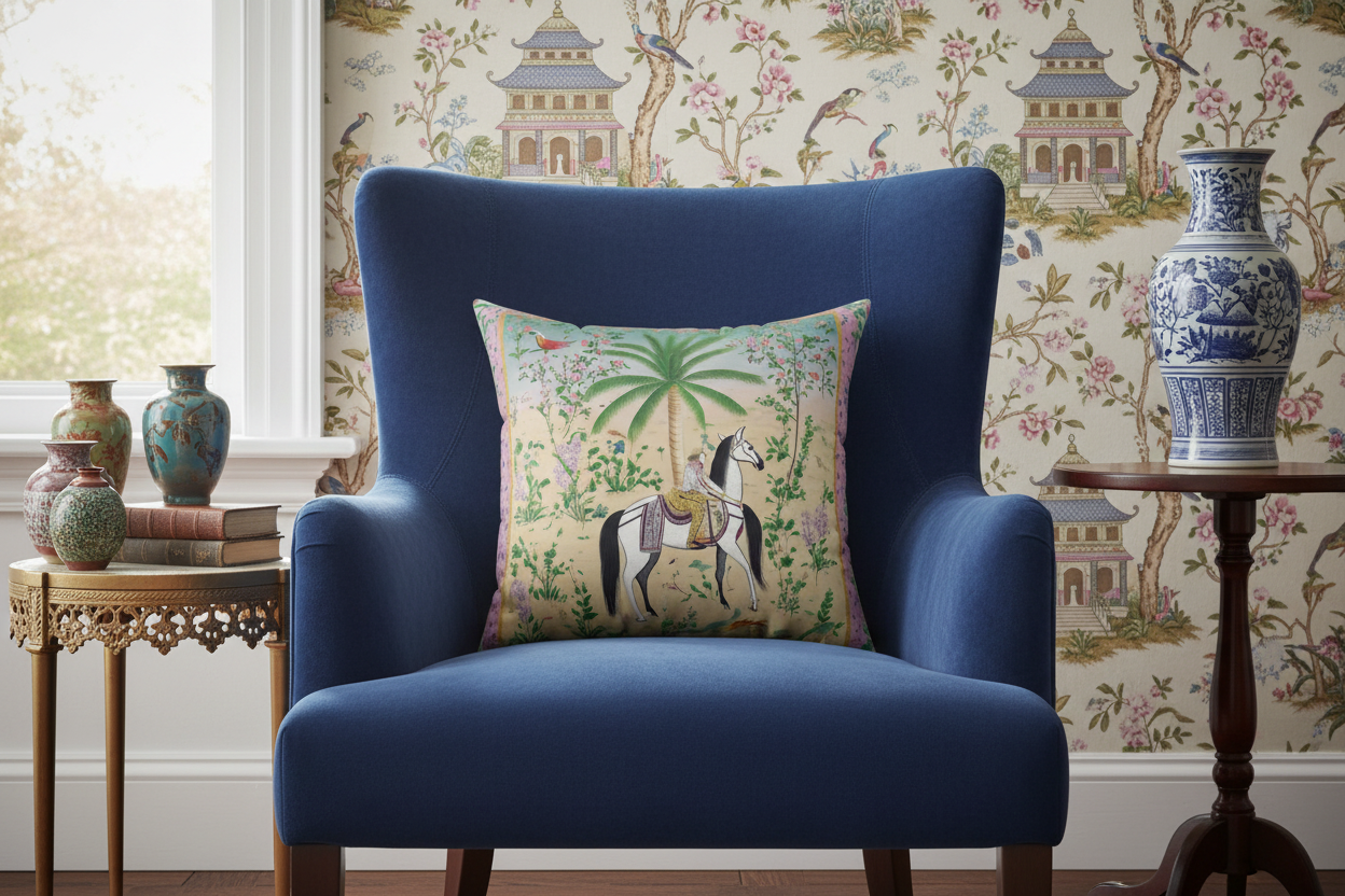 Royal Rider in Blossom Garden Throw Pillow