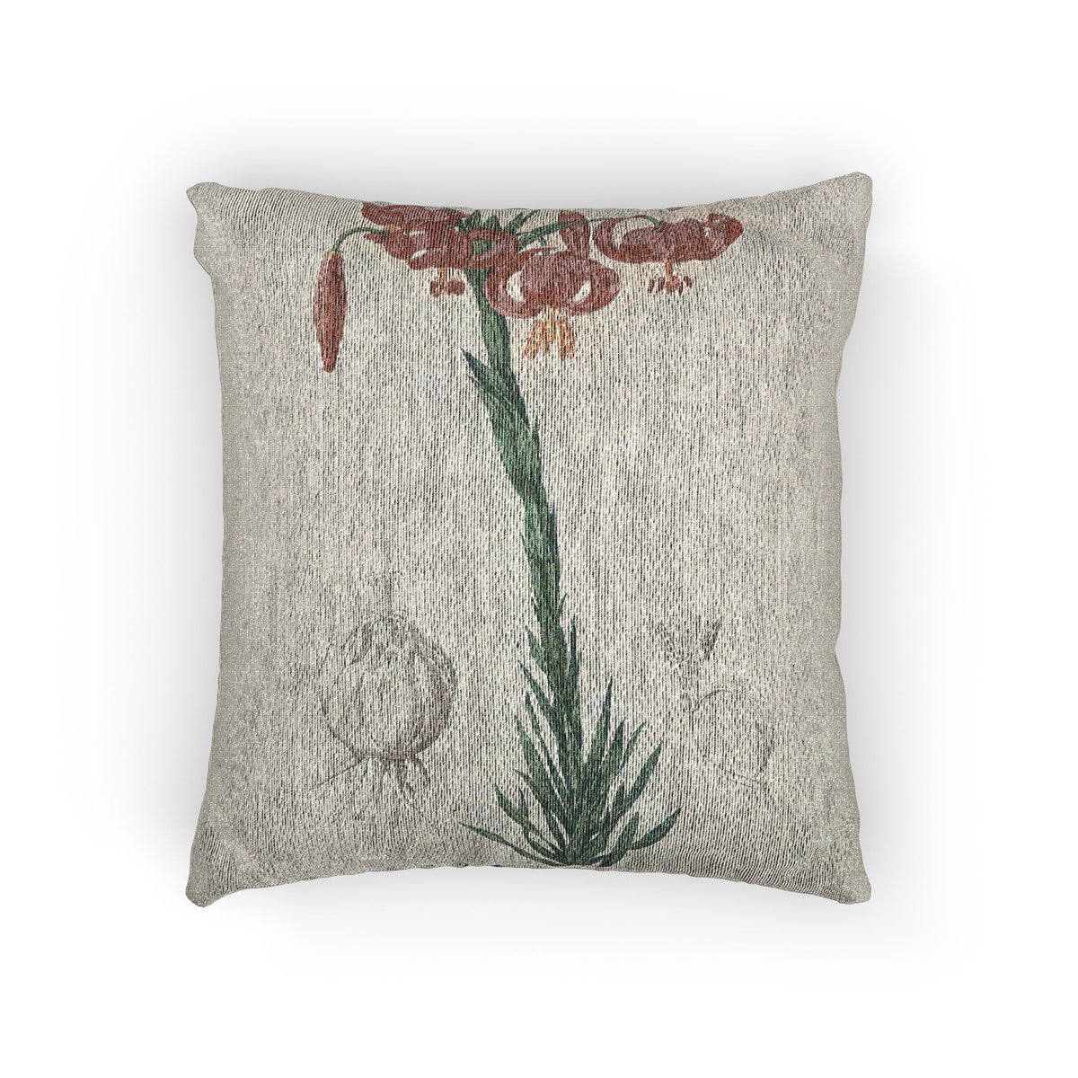 A square throw pillow featuring a vintage botanical print of a foxglove flower on a textured gray linen-like background, shown against a plain white studio backdrop.