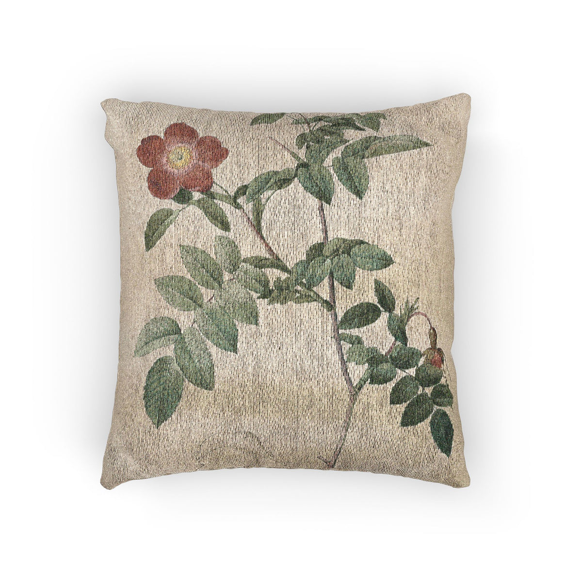 A square decorative throw pillow with a textured beige woven background featuring a vintage-style botanical print of a green leafy vine and a reddish-brown flower.