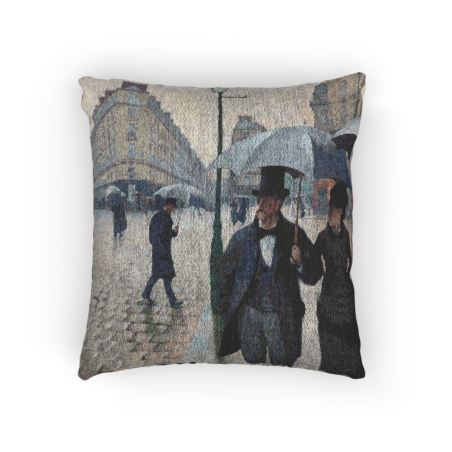 Square throw pillow featuring a textured, impressionist-style painting of a rainy street scene with pedestrians under umbrellas, shown against a plain white background.
