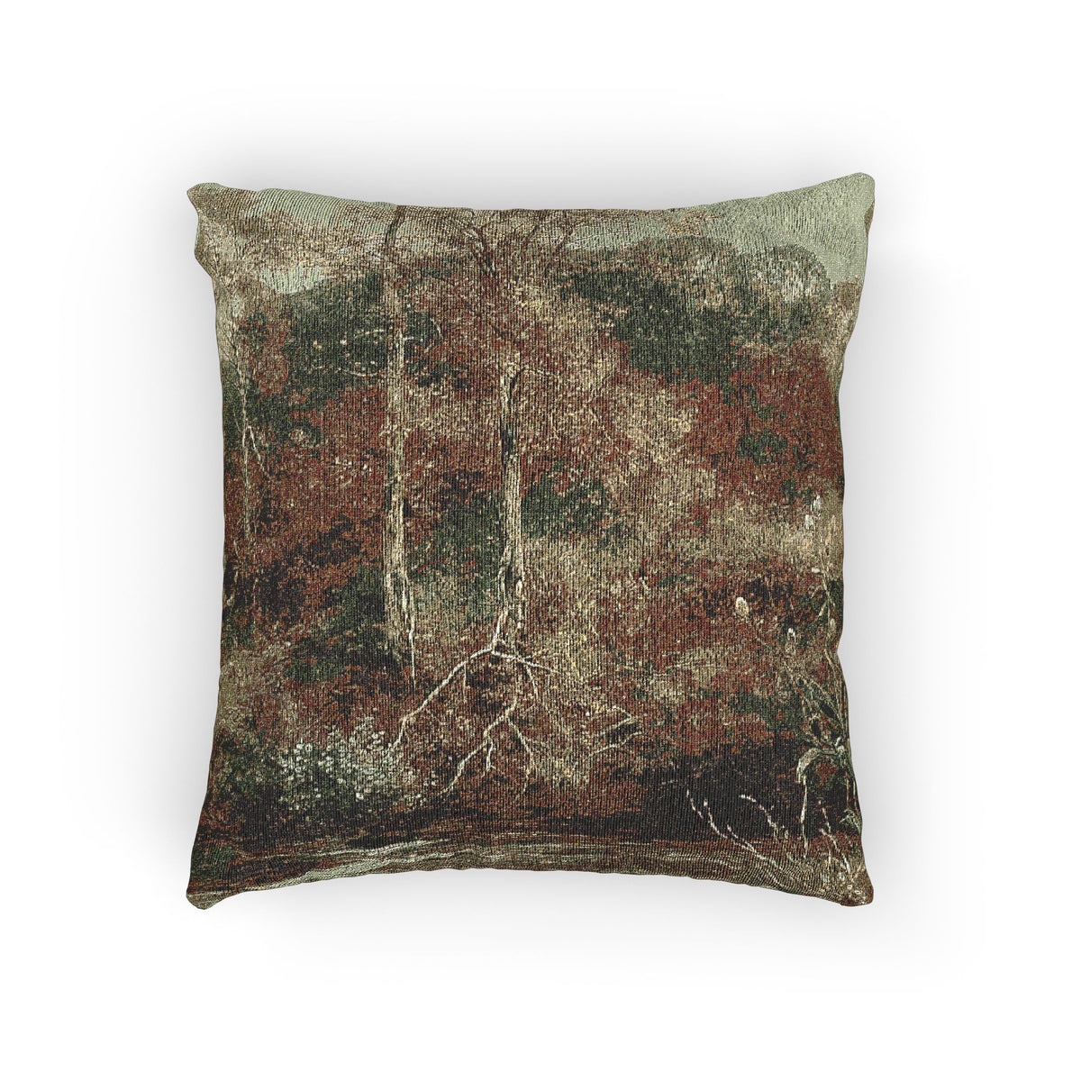 A square decorative throw pillow featuring a vintage-style tapestry print of a forest scene with tree trunks, roots, and autumn foliage in muted earthy tones of brown, green, and beige, shown against a plain white background.