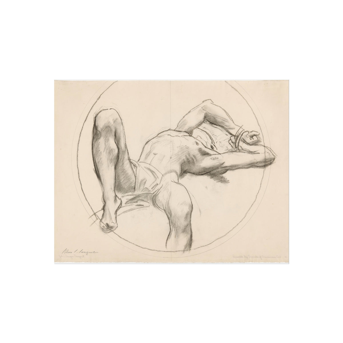 A monochrome figure drawing on a beige paper background, showing a reclining nude human form within a circular sketch. The artwork appears to be the product itself rather than a photo of a physical object in a room, so this fits Scenery under the schema for art/prints where the depicted scene is the product.