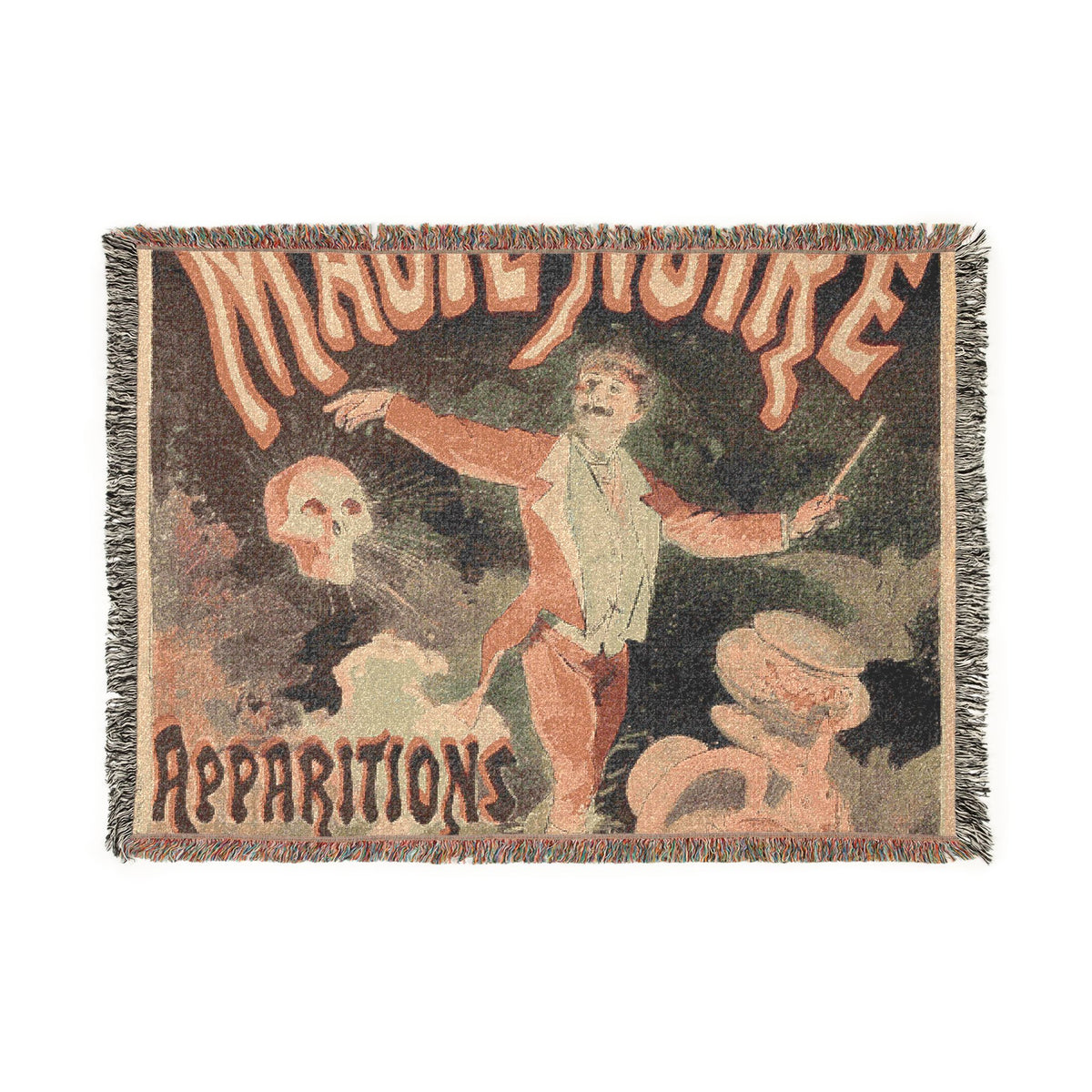 A rectangular woven tapestry with fringe on all sides, featuring vintage theatrical artwork and the words 'MAGICIAN APPARITIONS.' The design shows a performer in a red jacket with a white vest, a skull, and soft pinkish-beige shapes on a dark background.