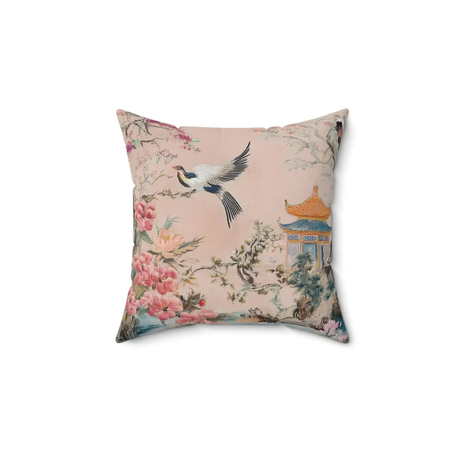 Pink Chinoiserie Garden with Birds Throw Pillow