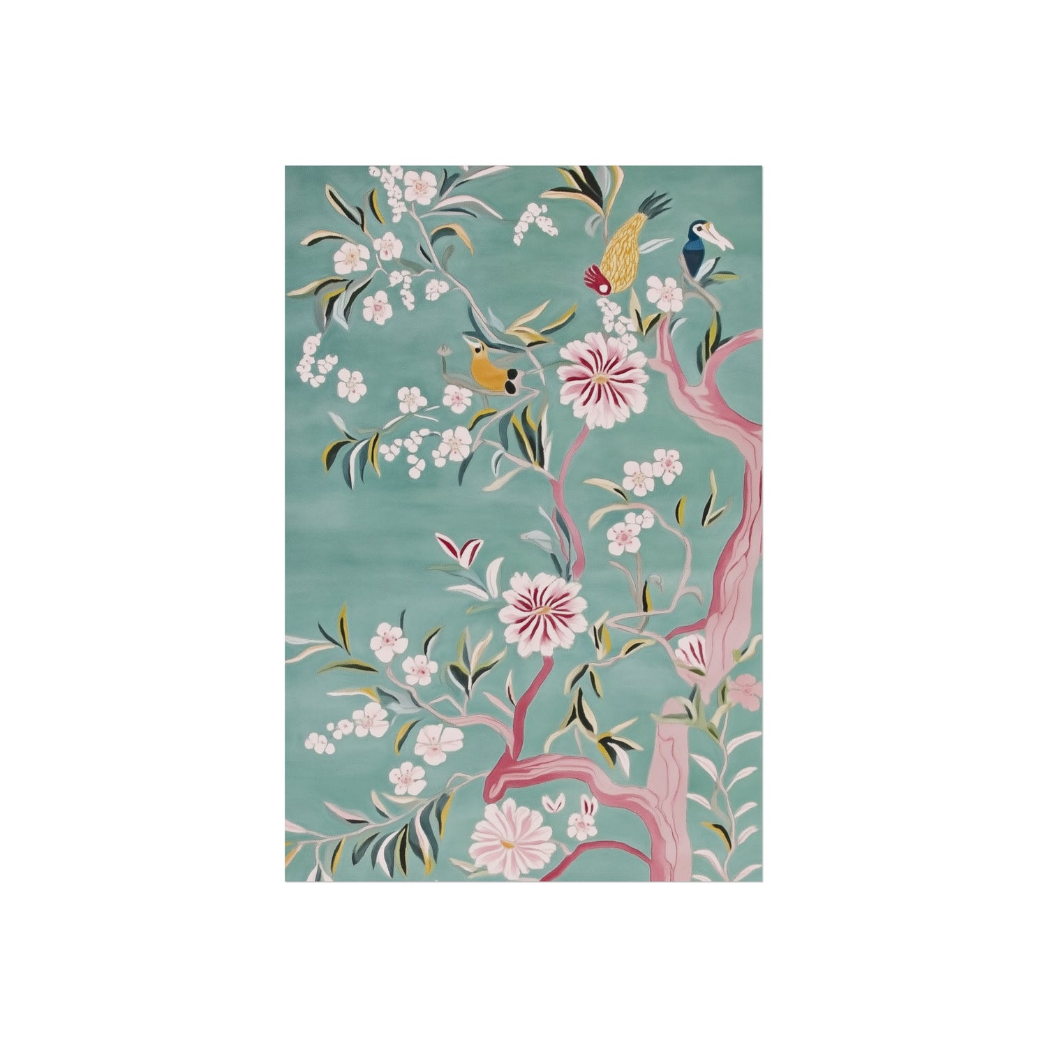 Green Chinoiserie Birds and Cherry Blossom Fine Art Poster