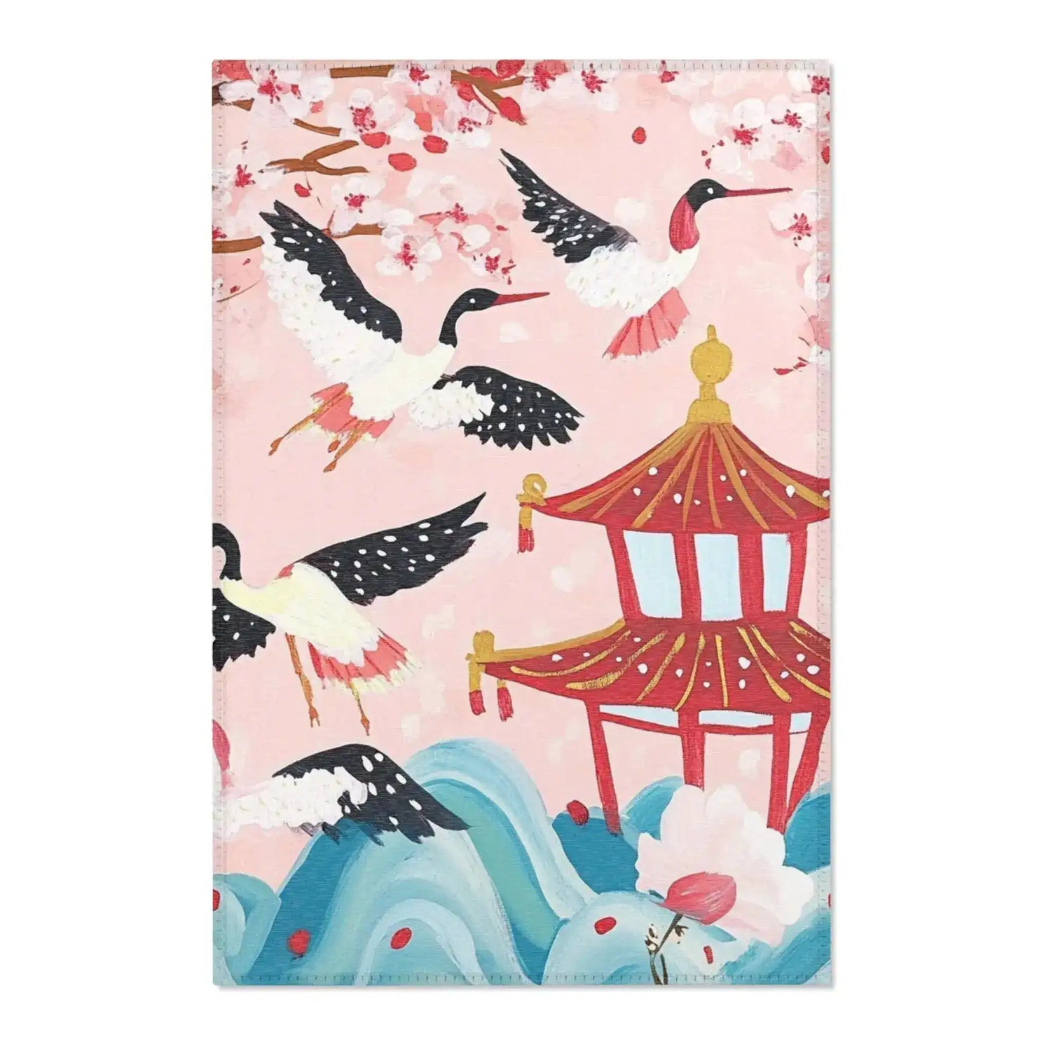 Red Pavilion and Crane Blossom Accent Rug