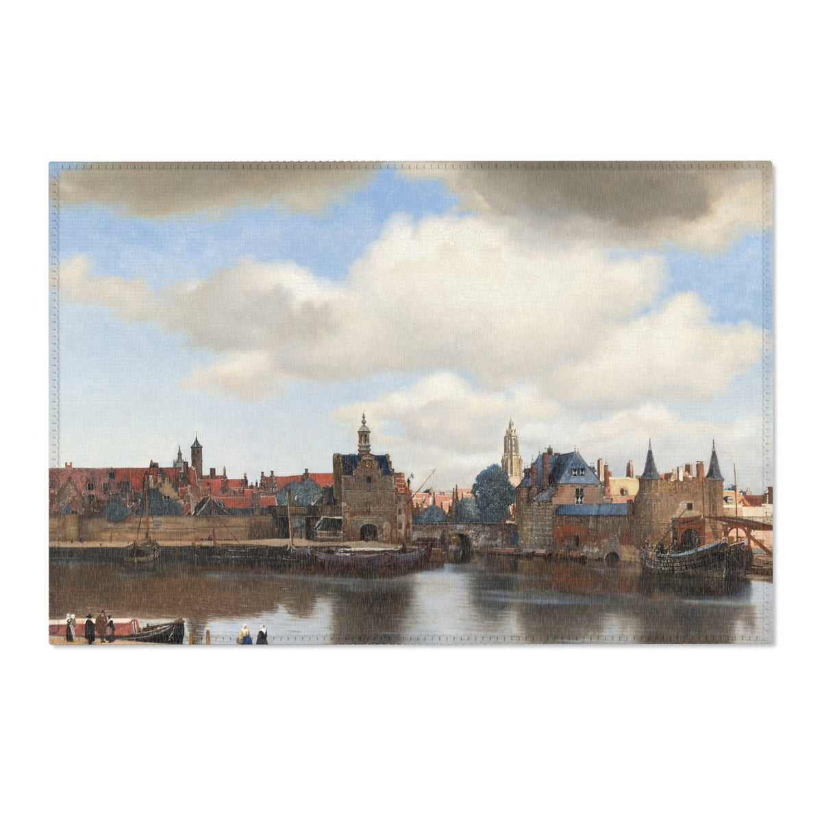 A rectangular canvas print featuring a classic Dutch landscape painting of a canal with historic buildings, bridges, and boats under a cloudy blue sky, shown against a plain white background.