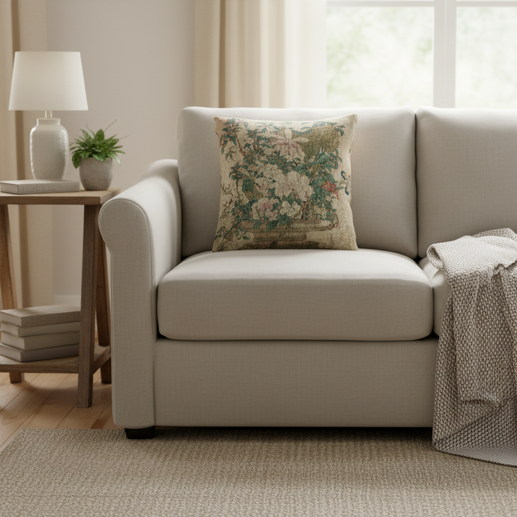 A light beige fabric loveseat sofa in a bright, modern living room, styled with a floral patterned accent pillow, a wooden side table with a lamp and plant, and a textured throw blanket.