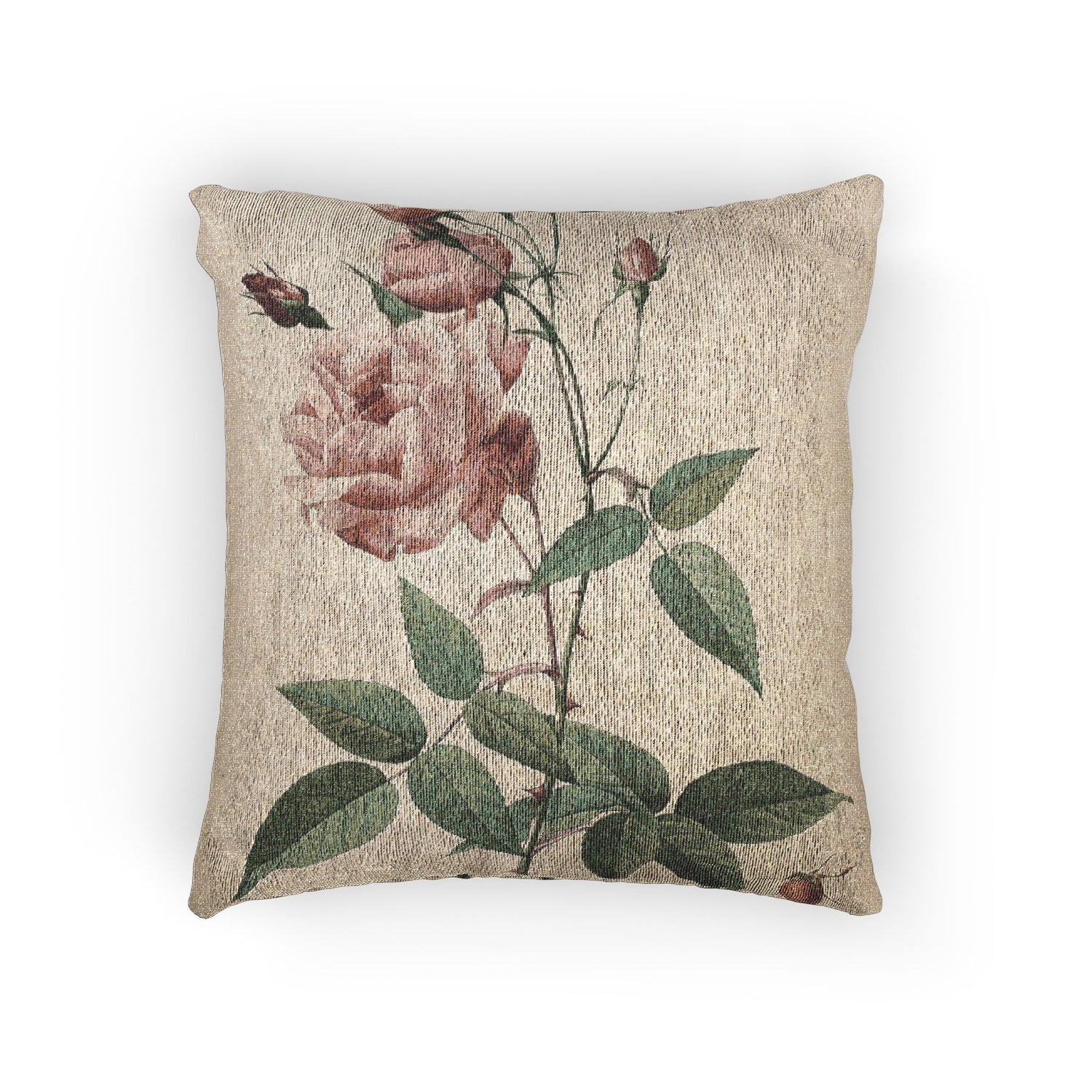 A square throw pillow featuring a vintage-style botanical print of pink roses and green leaves on a textured beige linen-like background, shown against a plain white studio backdrop.