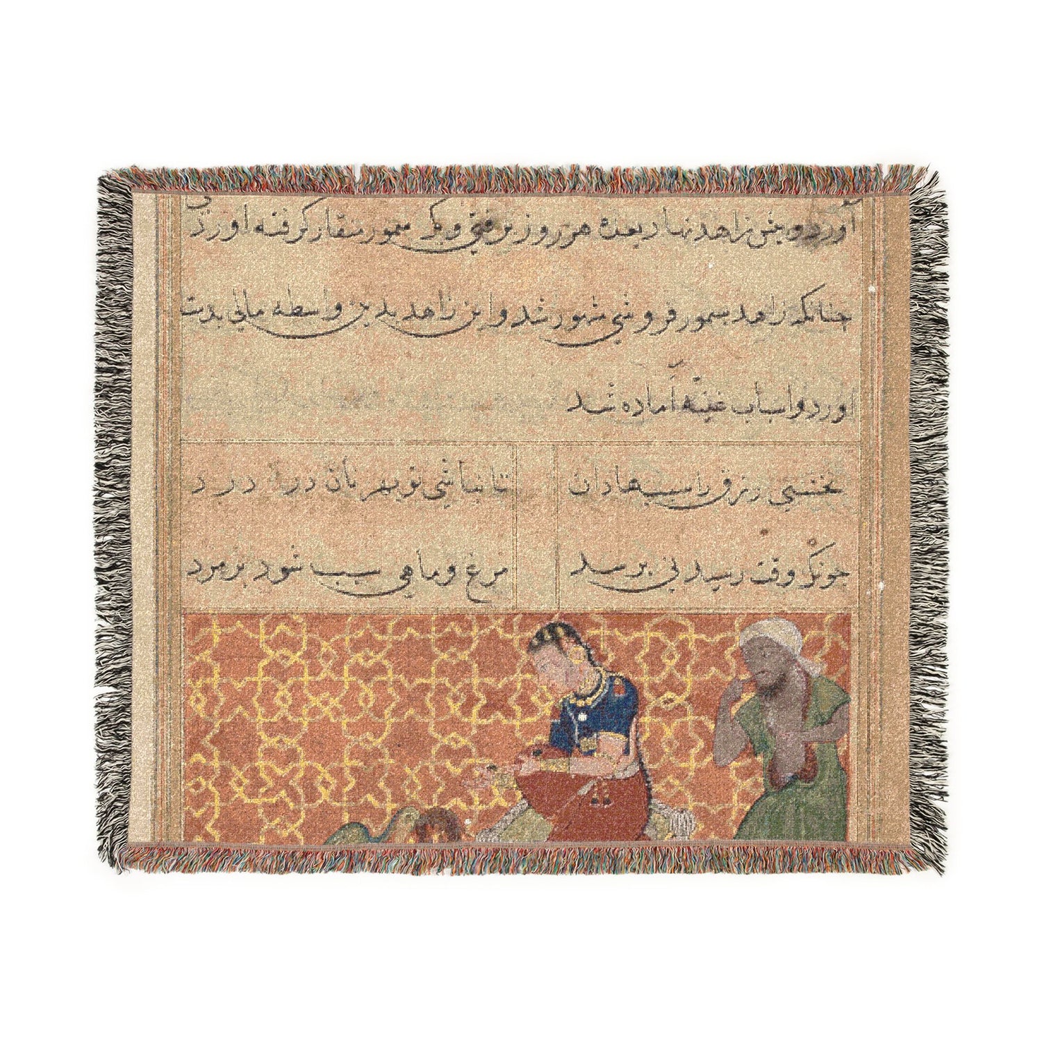 The bird of seven colors brings a sable to the pious man, from a Tuti-nama (Tales of a Parrot): Fifty-second Night Woven Throw Blanket