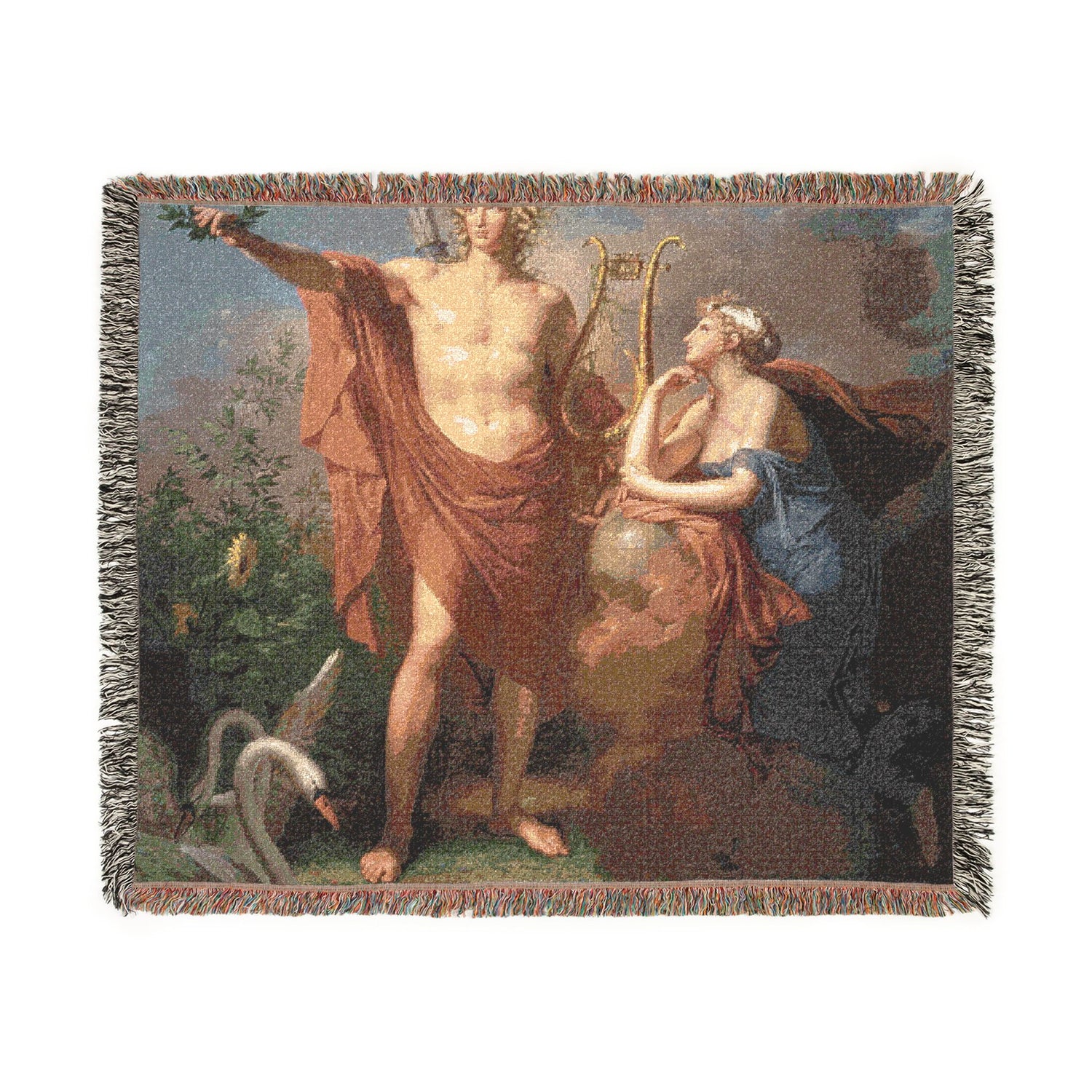 Apollo, God of Light, Eloquence, Poetry, and the Fine Arts with Urania, Muse of Astronomy Woven Throw Blanket