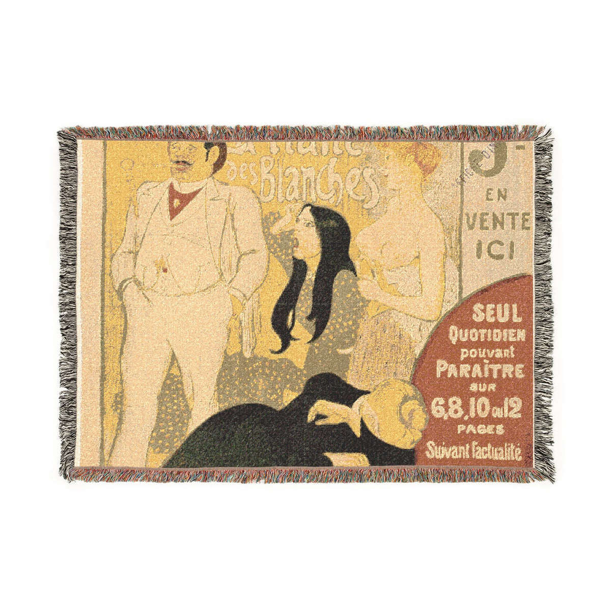 A rectangular woven throw blanket with fringed edges, featuring a vintage Art Nouveau style illustration in muted beige, brown, black, and red tones. The design includes stylized figures and French text, including 'Seul Quotidien pouvant paraître...'.