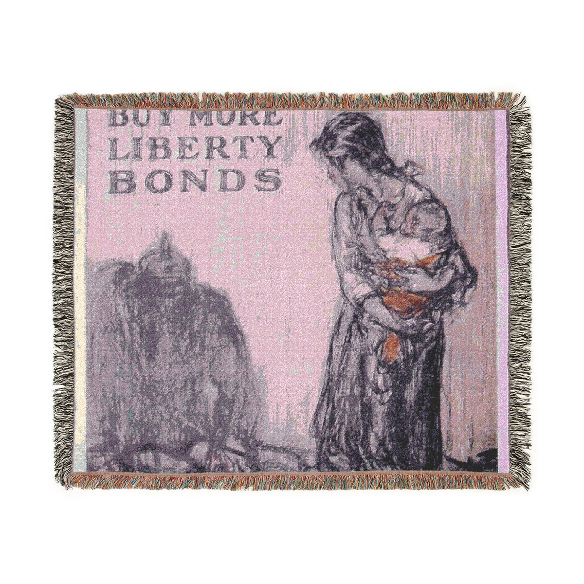 A square woven throw blanket with fringe edges, featuring a vintage-style illustration of a woman holding a child and the text 'BUY MORE LIBERTY BONDS' on a pale pink background.