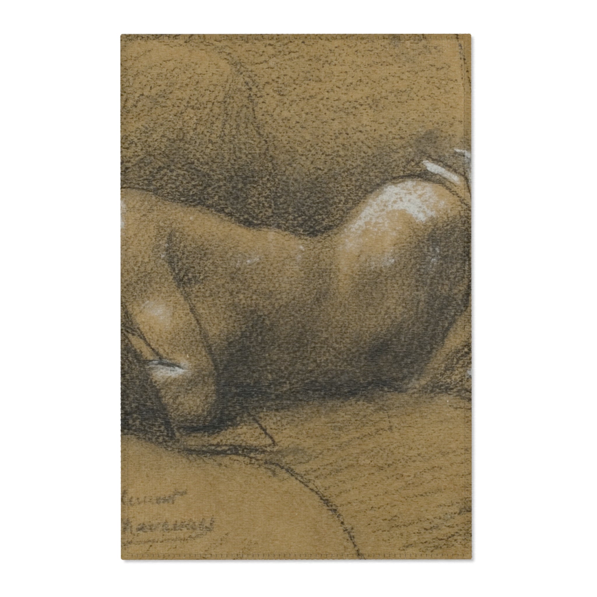 A square art print featuring a charcoal or chalk drawing of a reclining figure, rendered in earthy brown and tan tones, shown against a plain white background.
