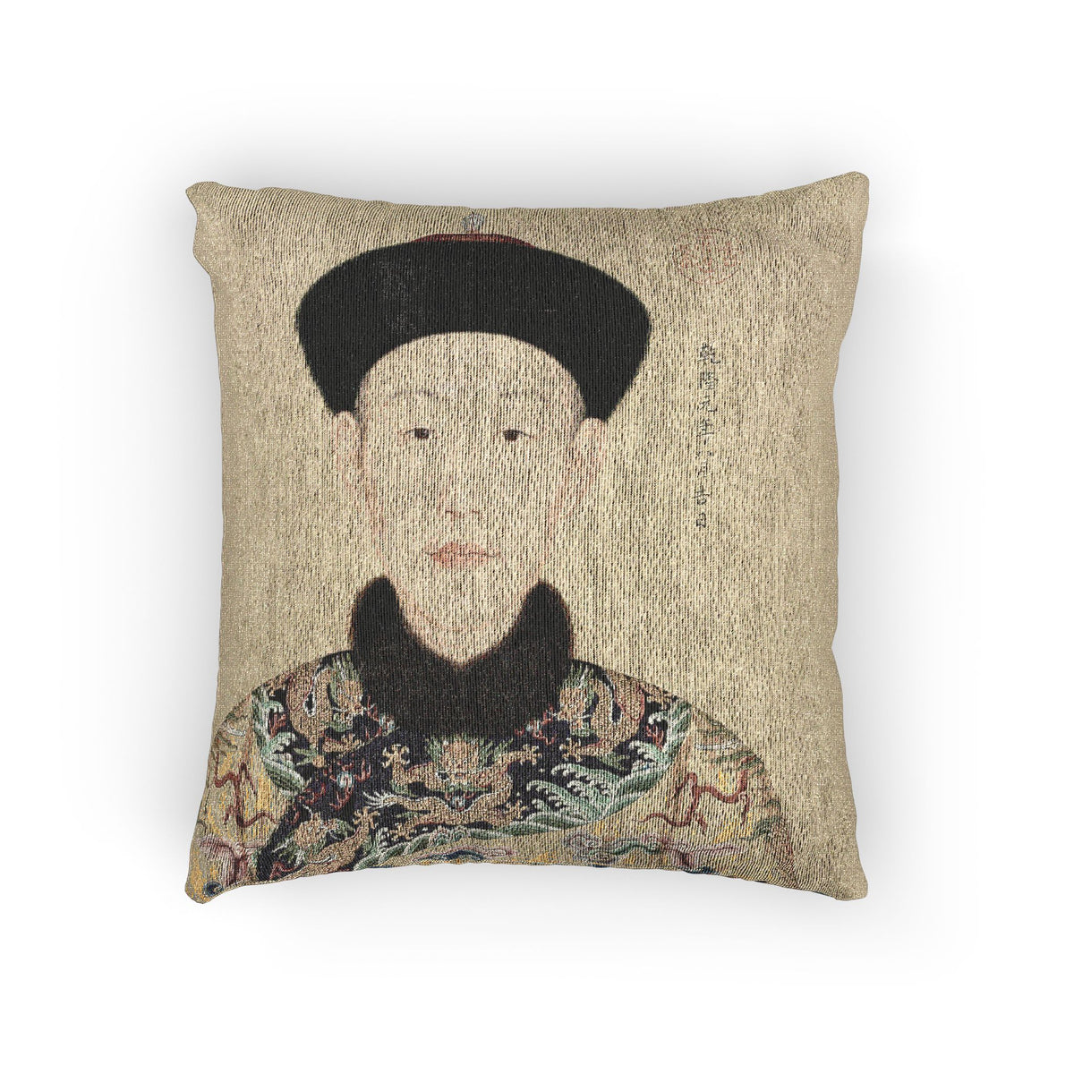 A square decorative throw pillow featuring a printed portrait of a historical figure in traditional East Asian attire on a textured beige background, shown against a plain white studio backdrop.