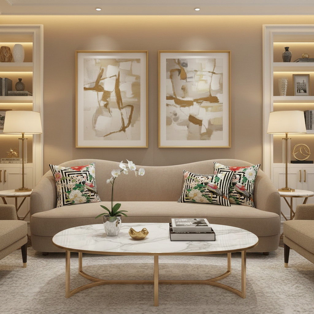A modern living room featuring a beige sofa with two patterned accent pillows, two framed abstract wall art prints, a round white marble coffee table with gold legs, and built-in shelving with lit lamps on either side.
