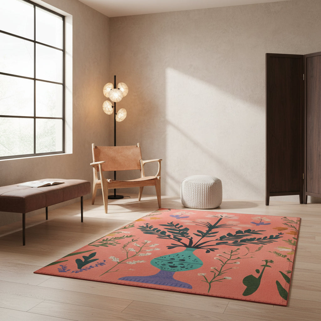 Decorative mat with floral and plant design on a pink background