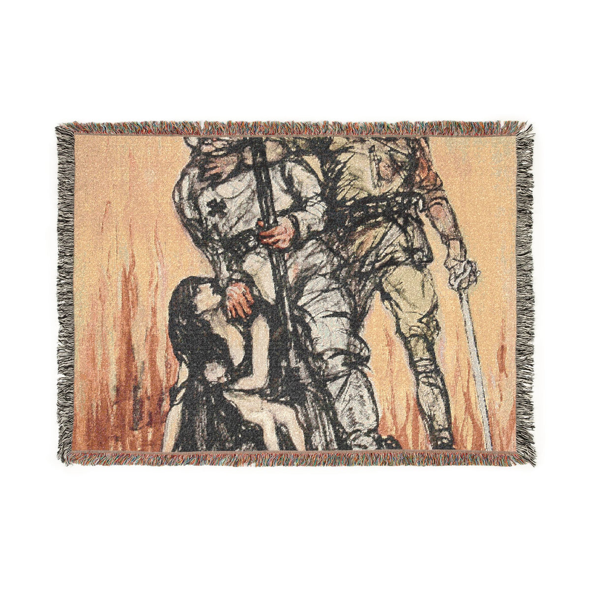 A woven throw blanket featuring a dramatic, sketch-like illustration of a soldier holding a wounded comrade, with fringed edges on all sides, shown against a plain white background.