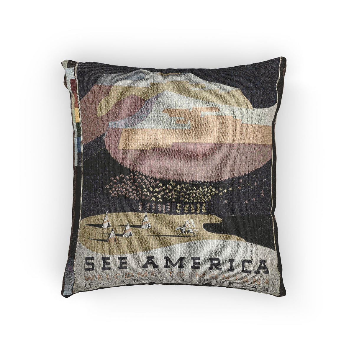 A square decorative throw pillow featuring a vintage-style woven tapestry design with the text 'SEE AMERICA' and abstract landscape shapes in muted beige, pink, black, and gray tones, shown on a plain white background.