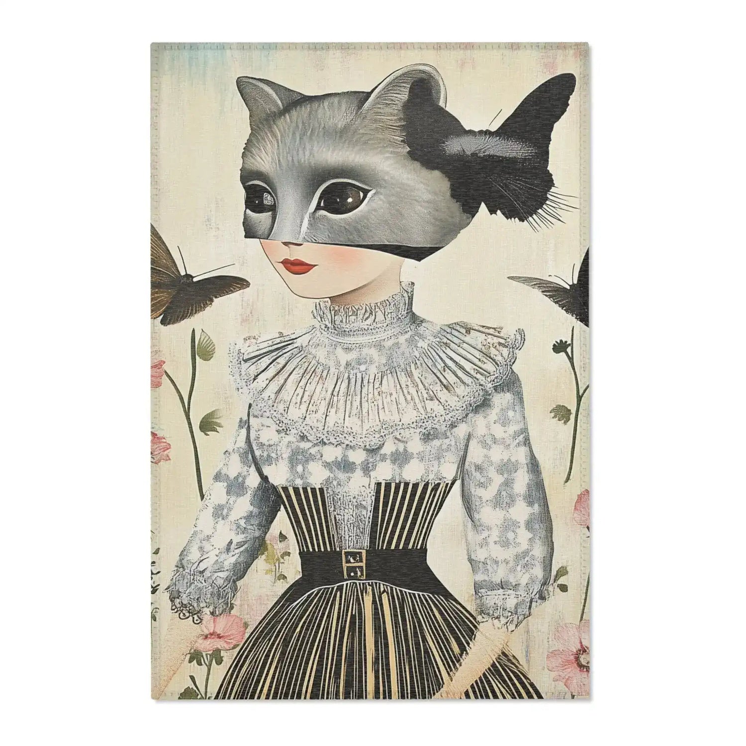 Whimsical Girl with Raccoon Mask and Butterflies Accent Rug