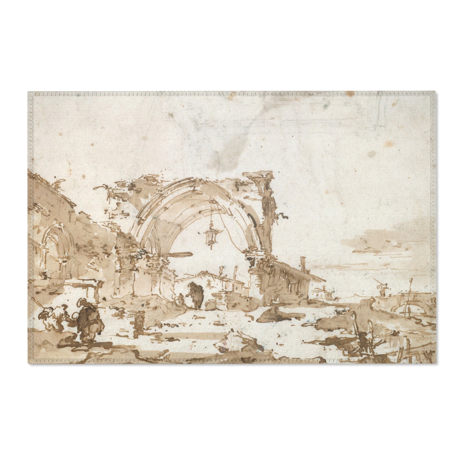 A sepia-toned artwork depicting ruins with an arch, figures, and a landscape scene, shown as a rectangular print or panel against a white background.