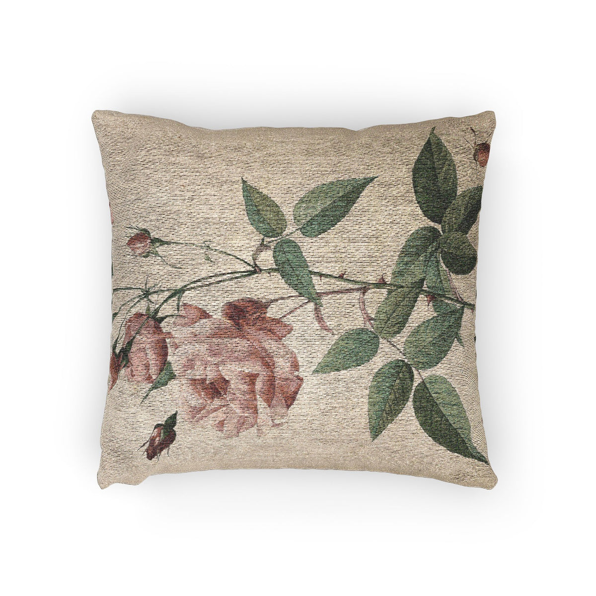 A square decorative throw pillow featuring a vintage-style botanical print of pink roses and green leaves on a textured beige linen background, shown against a plain white studio backdrop.