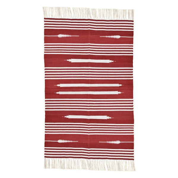Handwoven Red and White Patterned Cotton Rug with Fringes