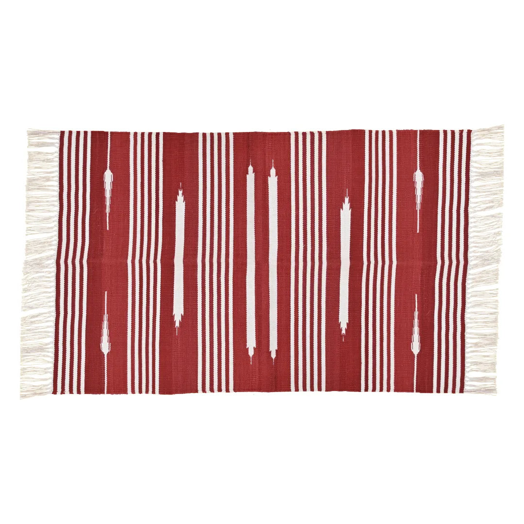 Handwoven Red and White Patterned Cotton Rug with Fringes