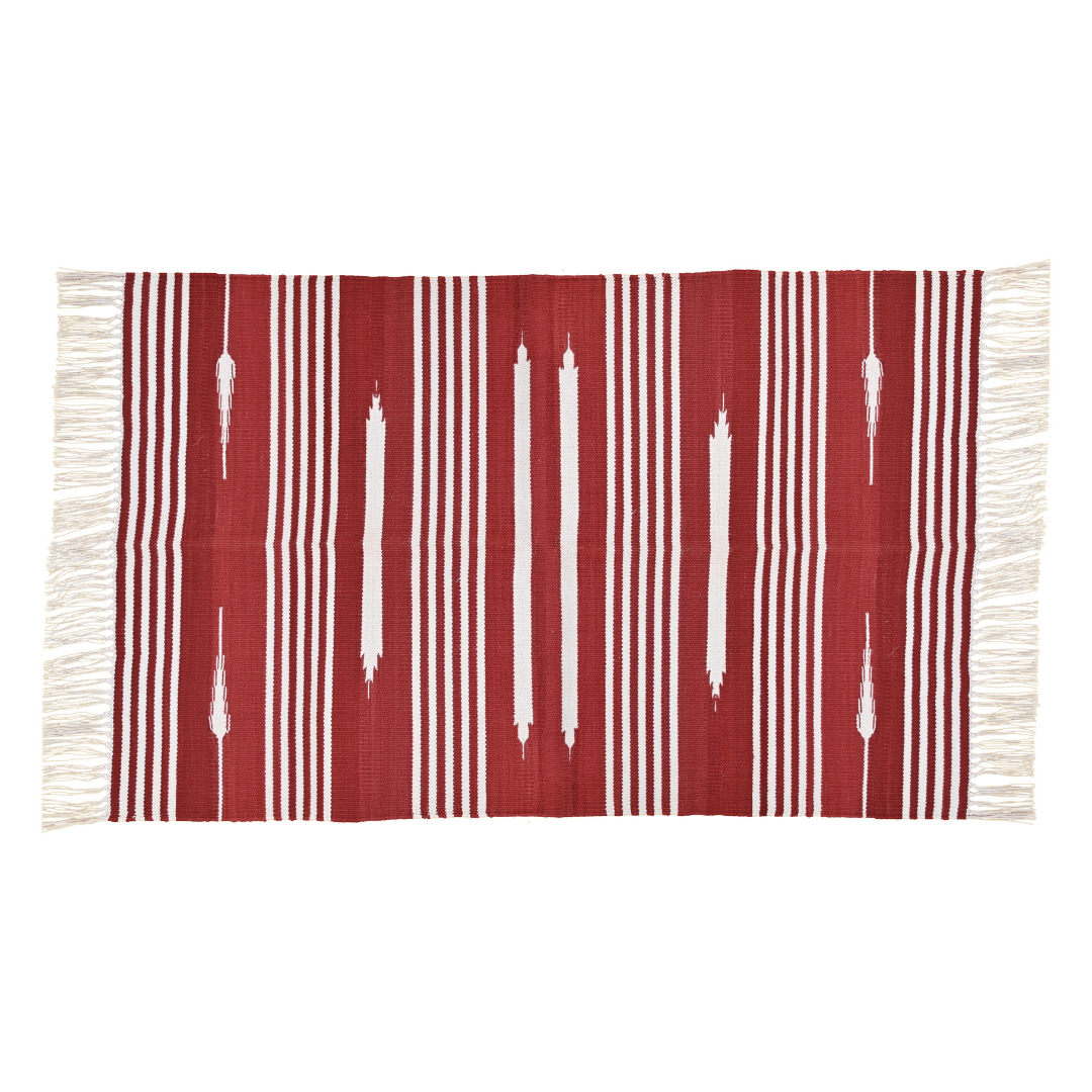Handwoven Red and White Patterned Cotton Rug with Fringes