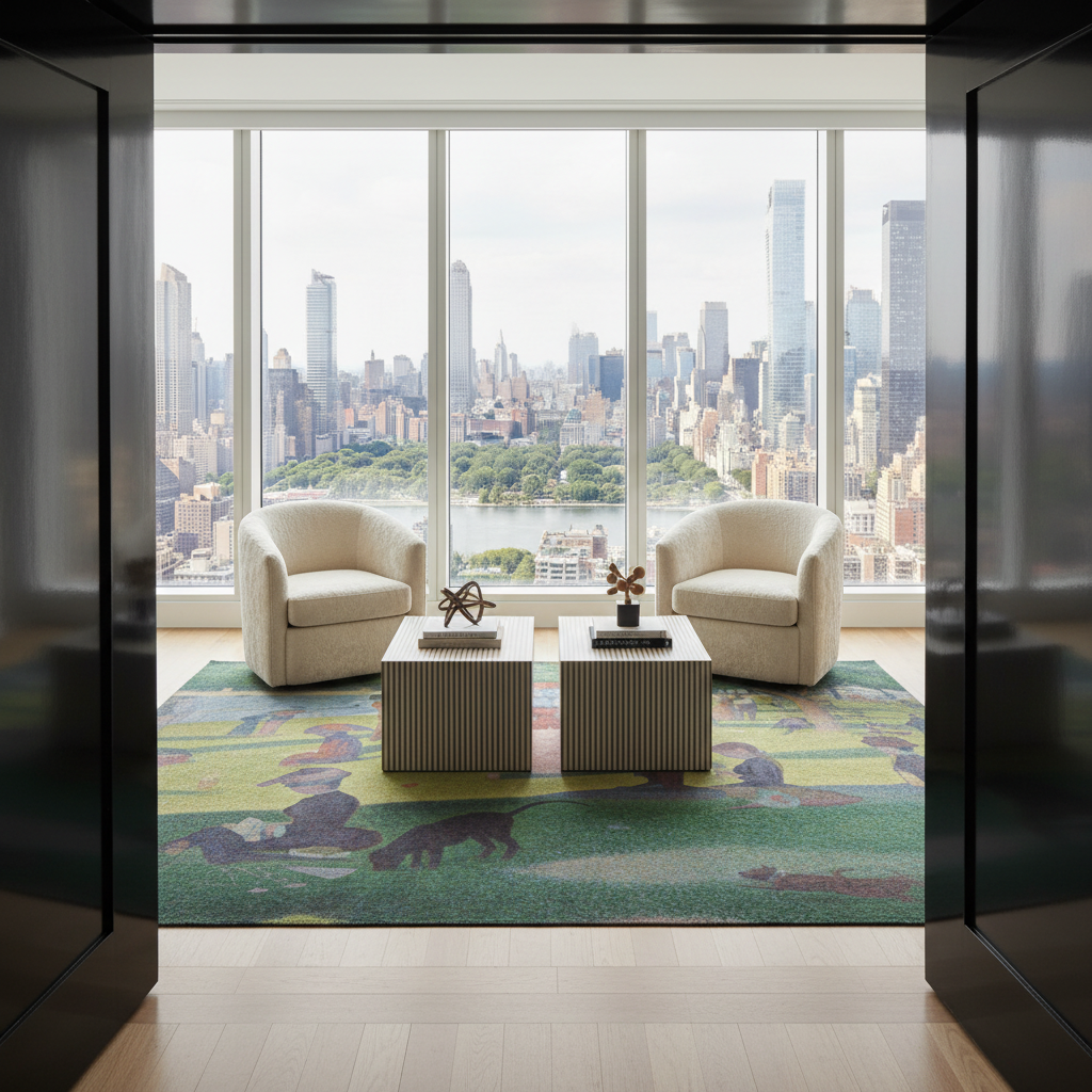 A modern living room interior with two cream armchairs facing two ribbed square coffee tables on a green patterned area rug. Large floor-to-ceiling windows overlook a city skyline and park, and the scene is framed by dark open doors in the foreground.