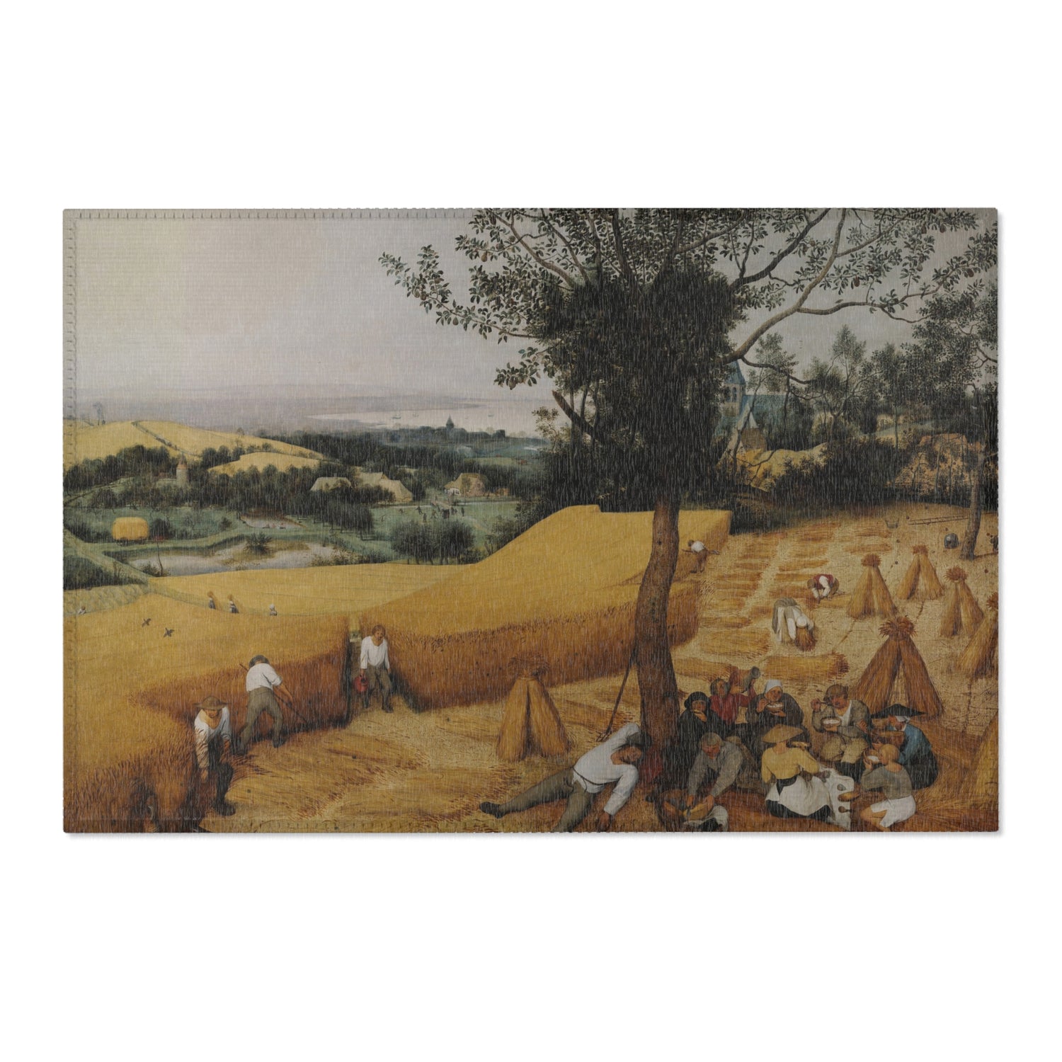 A rectangular art print or canvas showing a historical landscape painting of peasants working in a golden field under a large tree, photographed against a plain white background.