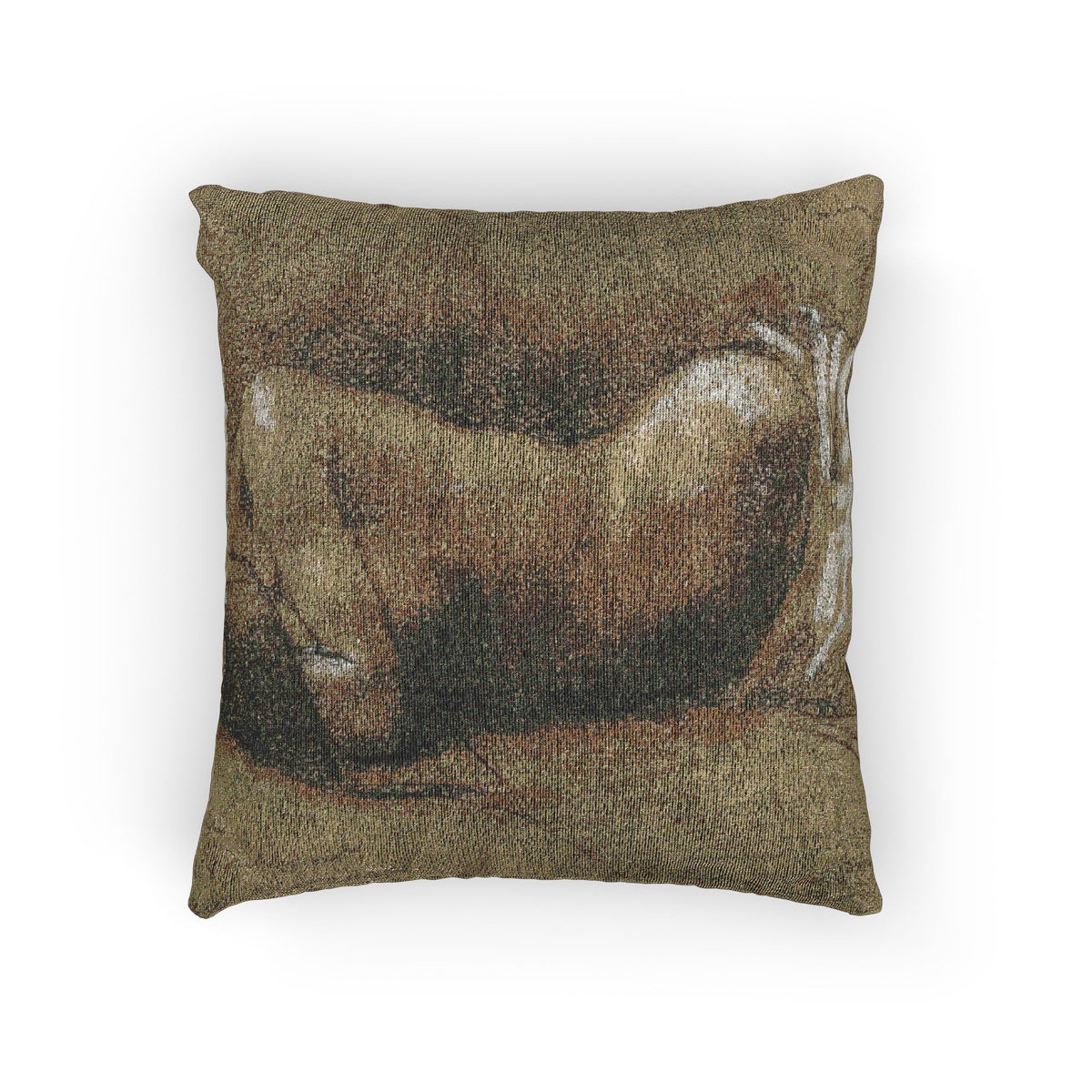 A square decorative throw pillow featuring a textured, painterly print of a reclining nude figure in earthy brown, beige, and gray tones, set against a plain white background.