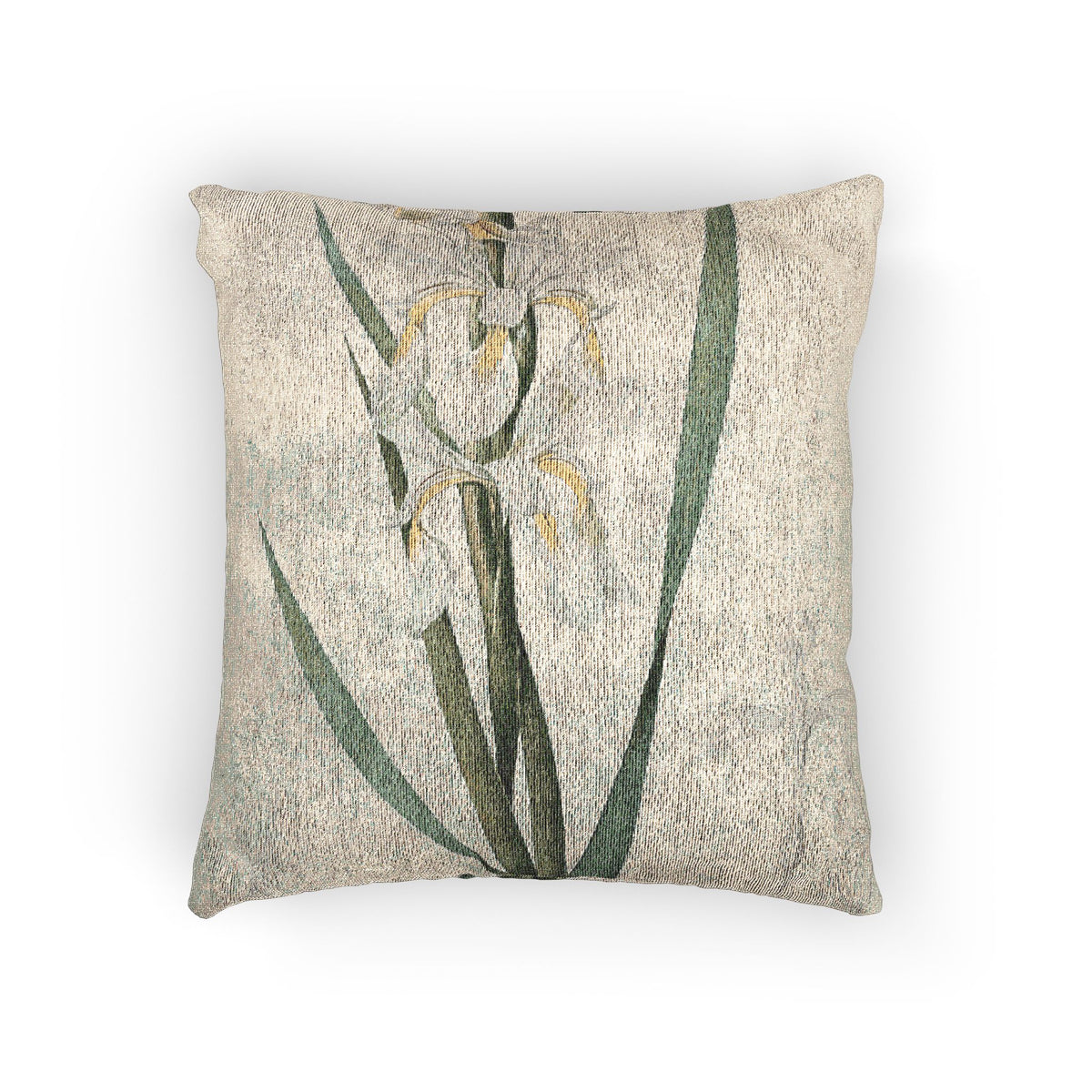 A square decorative throw pillow featuring a vintage-style botanical print of white irises with green leaves on a textured beige background, shown against a plain white studio backdrop.