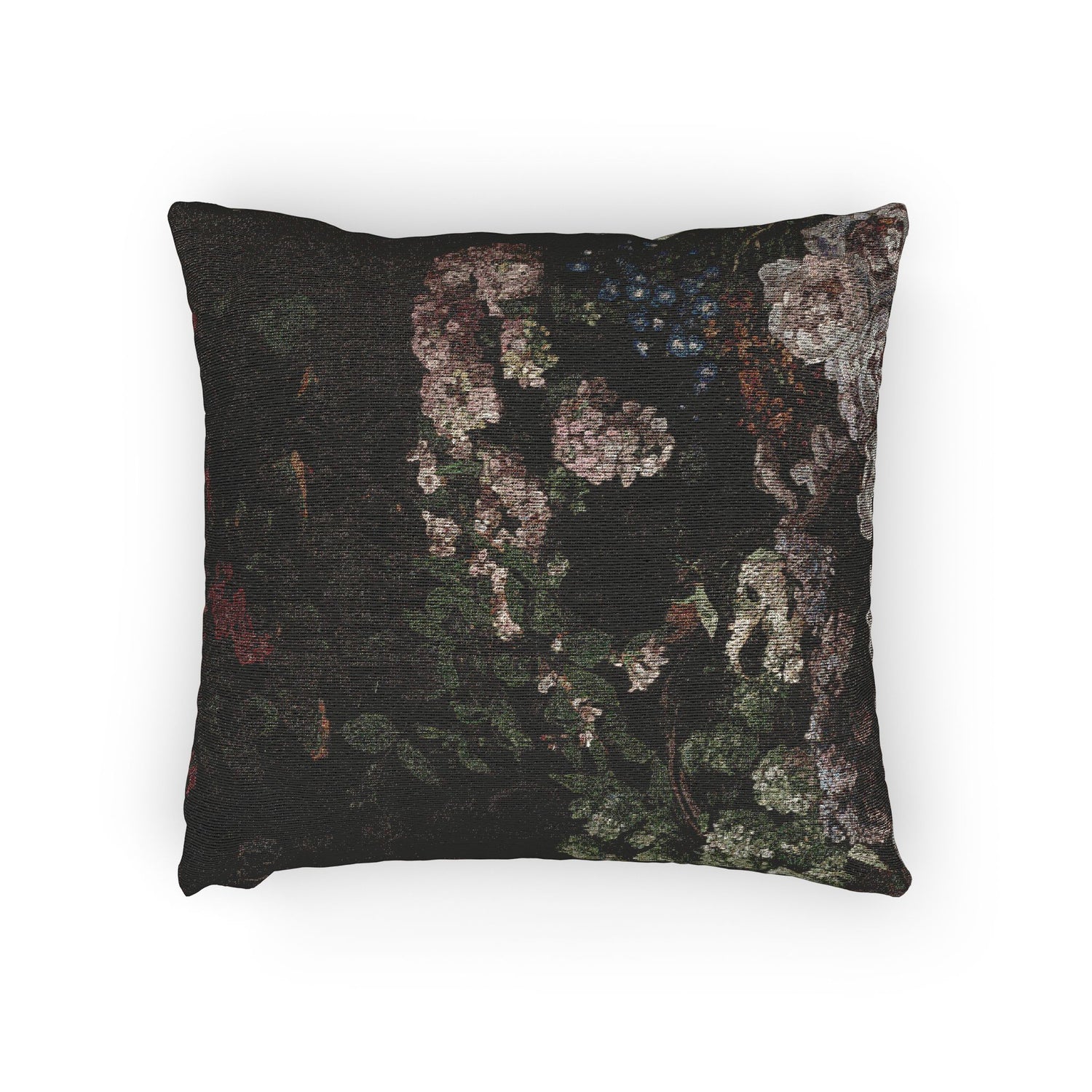 A square throw pillow featuring a dark, textured tapestry-style print with abstract floral and botanical patterns in muted pink, green, gray, and blue tones on a black background, shown against a plain white studio background.