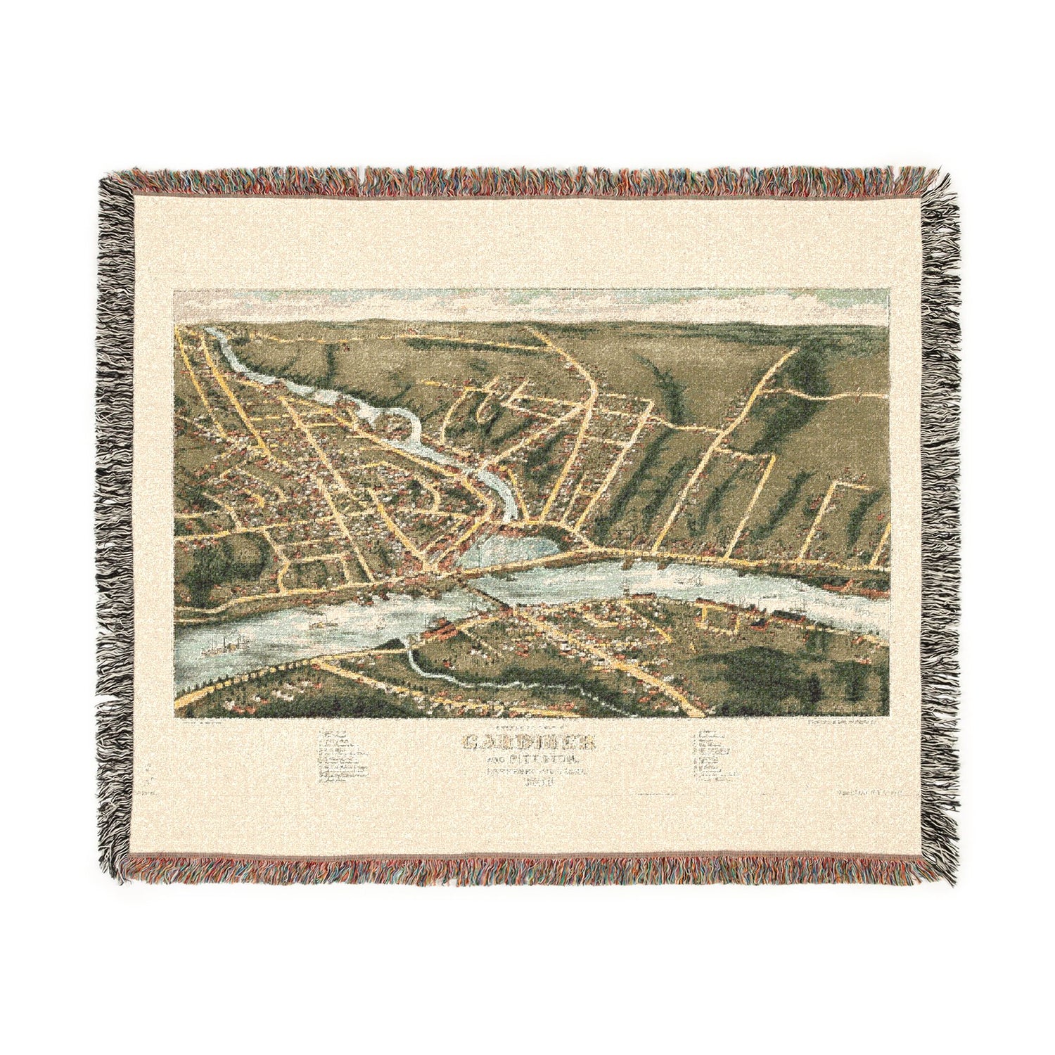 Bird's eye view of Gardiner and Pittston, Kennebec Co., Maine, 1878 Woven Throw Blanket