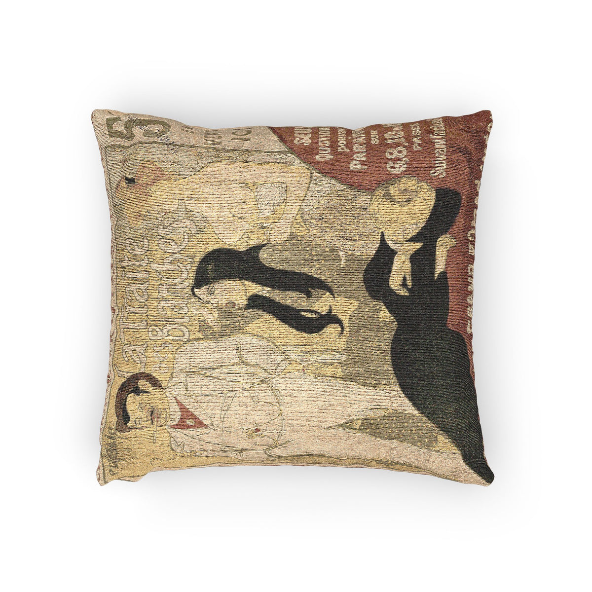 A square decorative throw pillow featuring a vintage-style woven tapestry print with abstract figures and text in muted beige, brown, black, and red tones, shown on a plain white background.