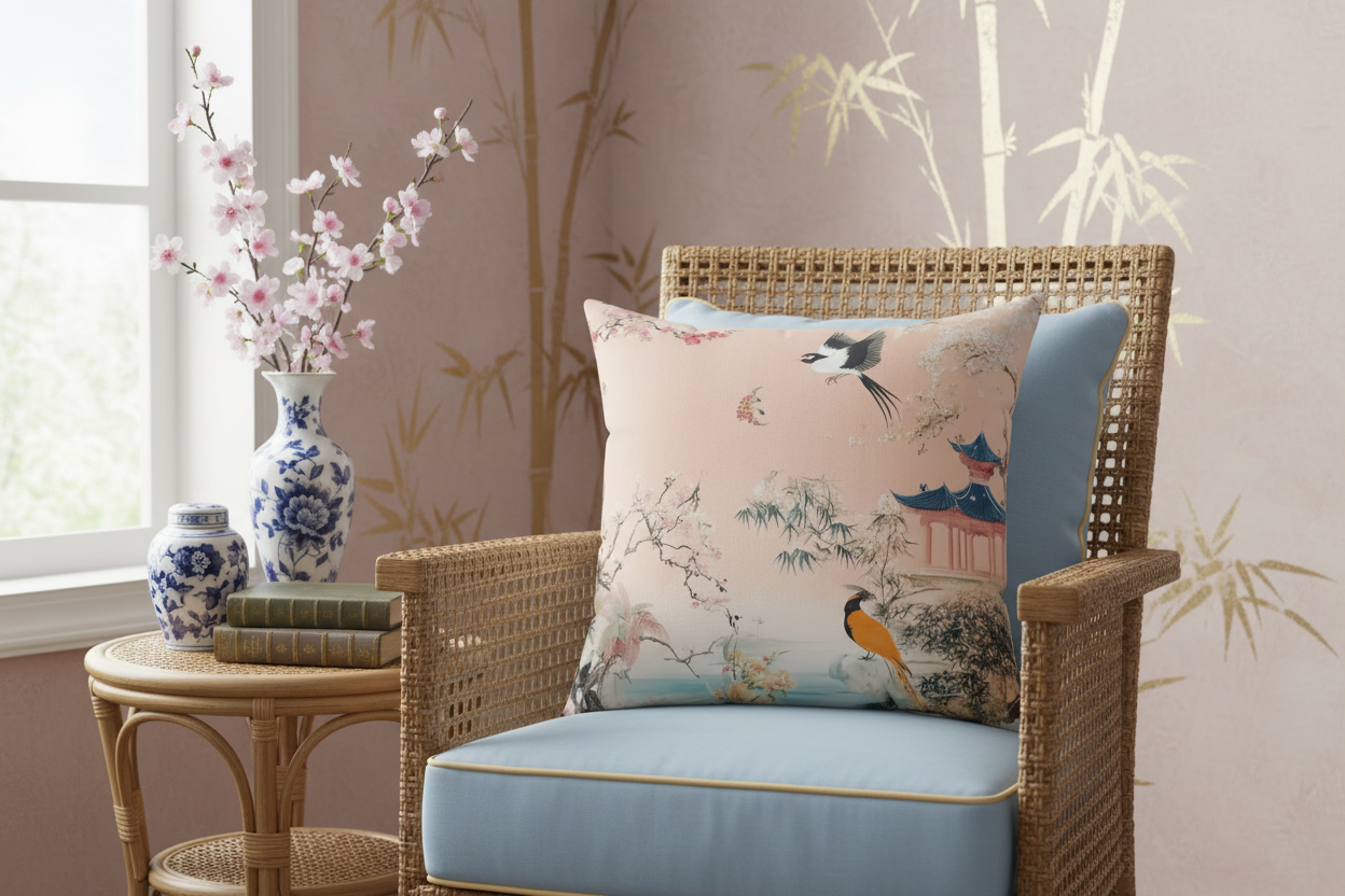 Peach Blossom Pagoda Throw Pillow